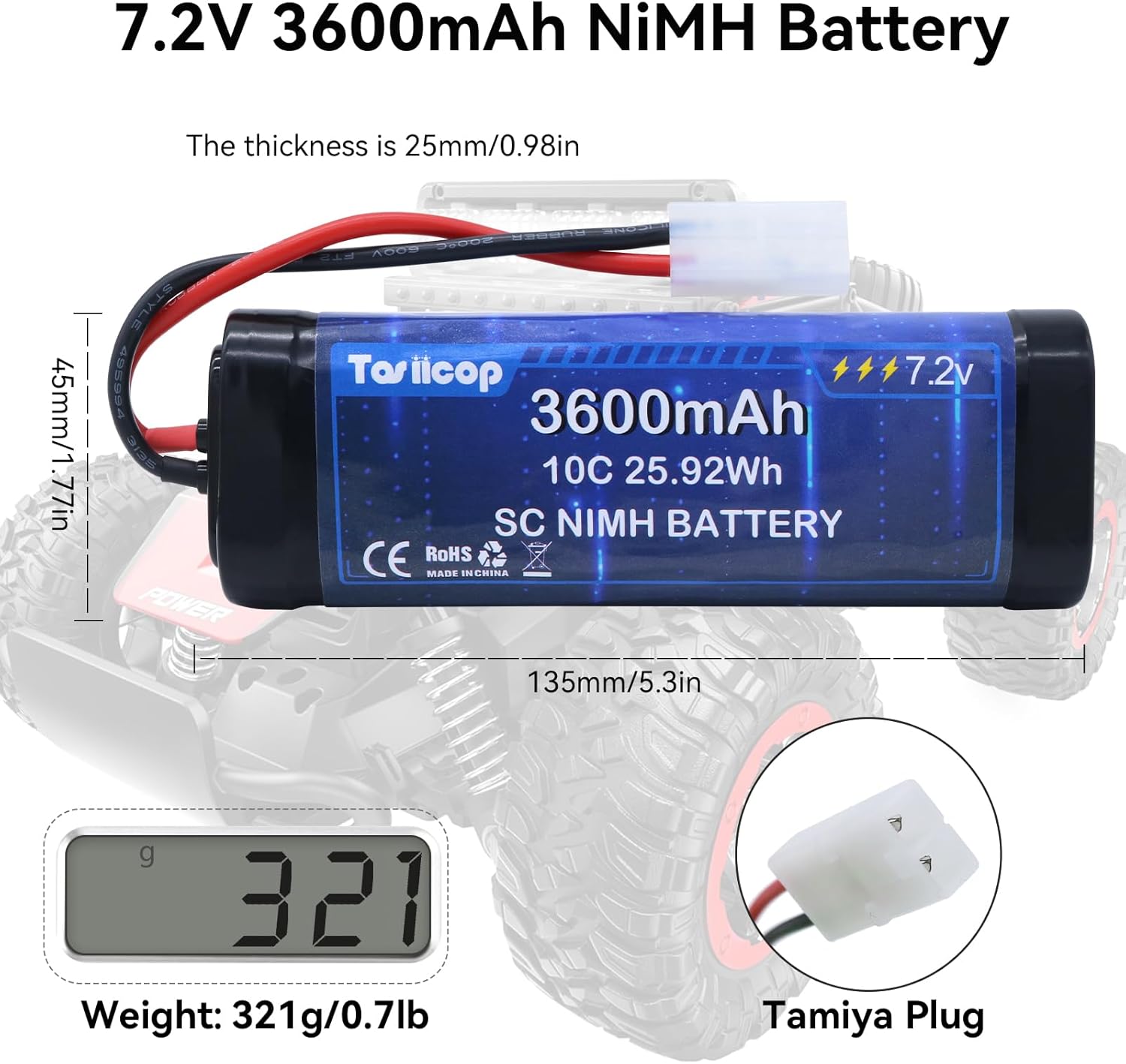 7.2V 3600mAh NIMH Battery 2 Packs - 7.2 Volt RC Rechargeable Batteries with Tamiya Plug Connector for Remote Control Car Monster Trucks Buggy Truggy Boat Tank and Related Series