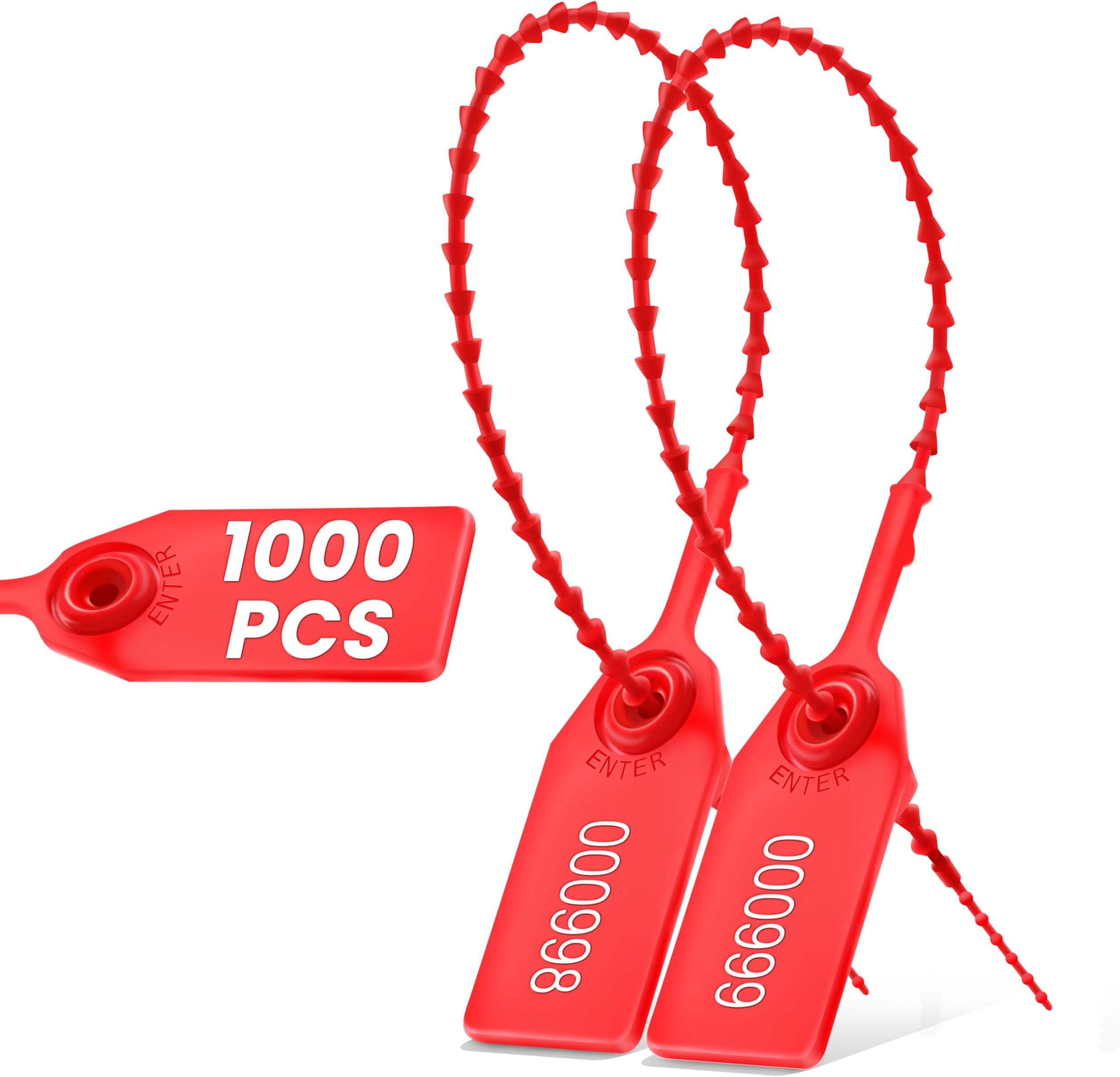 1000 Plastic Tamper Seals, Numbered Zip Ties for Fire Extinguisher Pull Tite Security Tags Disposable, Self Locking Signage 250 mm (9.84 inch) Length, Red