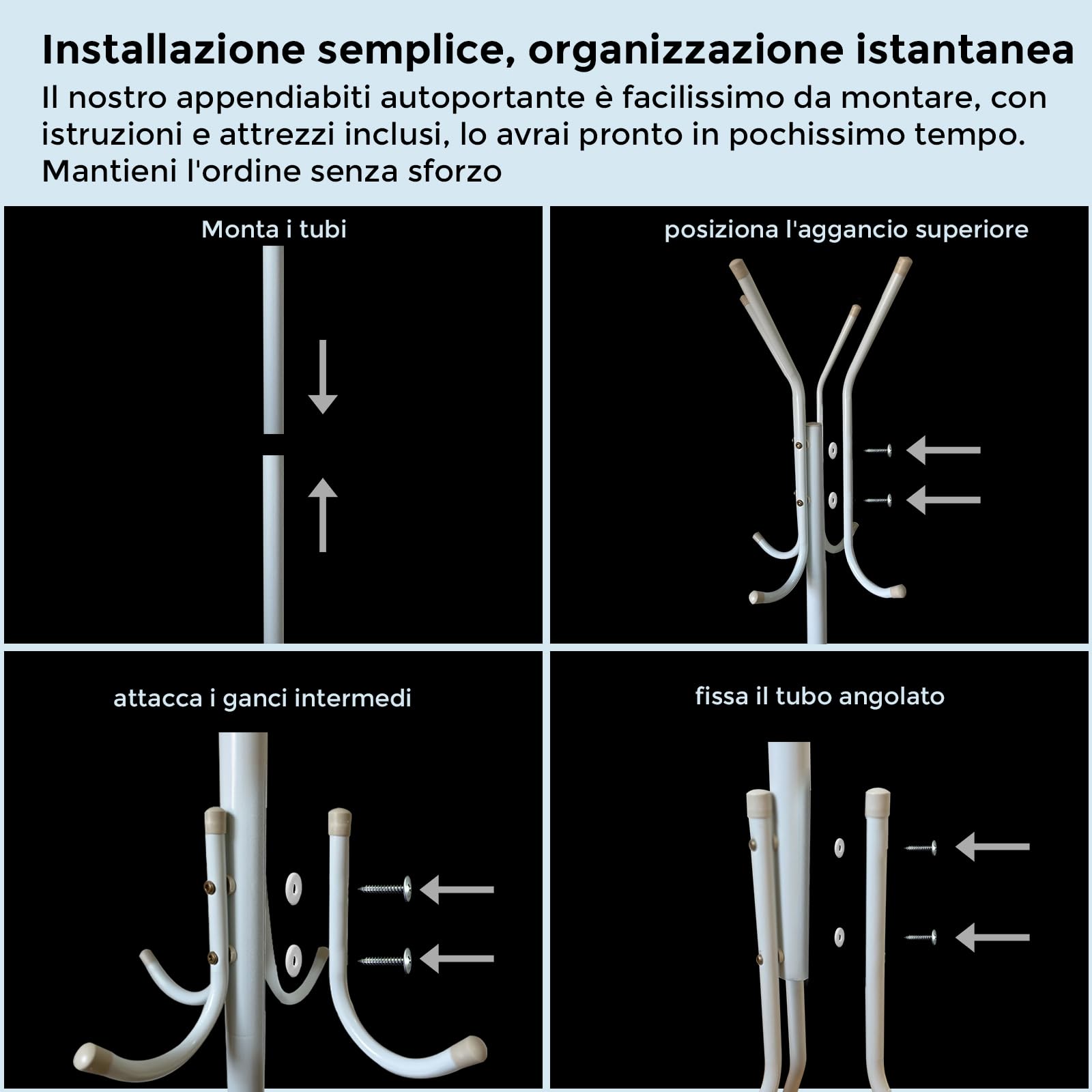 Attaccapanni da terra in metallo appendiabiti per abiti, borse, cappotti con 12 ganci, con base triangolare per una maggiore stabilità 175x43cm (BIANCO)