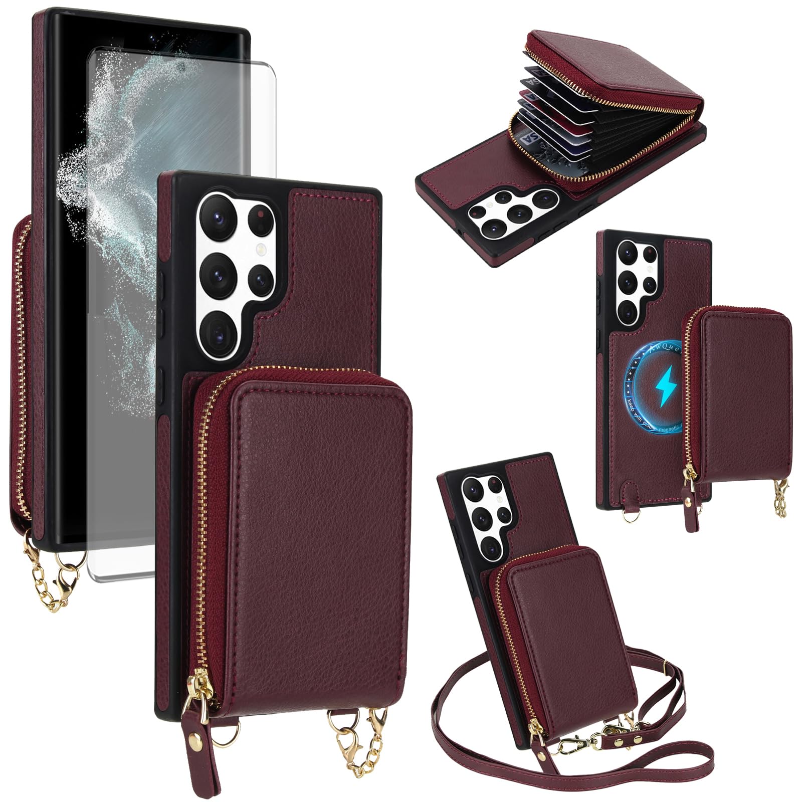 Funda para teléfono Samsung Galaxy S22 Ultra 5G 2 en 1 magnética con protector de pantalla y correa cruzada, bloqueo RFID, ranura para tarjetas de crédito, S22ultra 22S S 22 S22ultra5g 6.8 para mujer