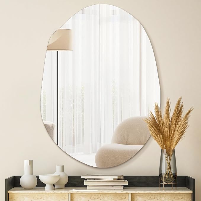 Irregular Asymmetrical Wall Mirror for Living Room Bathroom Entryway, Modern Decorative Mirror Hanging (Hook Style, 31.5'' x 17.7'')