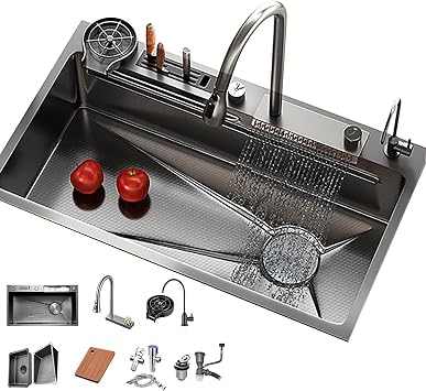 Waterfall Sink - Drop-In/Undermount Workstation, Kitchen Sink Double Bowl Integrated Sinks, Smart Waterfall Kitchen Sink Household Dishwashing Sink With Full Set Of AccessoriesBlack D,680X450mm