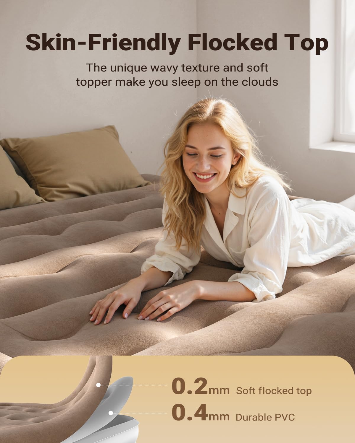 iDOO Air Mattress Full with Built in Pump, Inflatable Blow up Mattress, Comfort and Portable Airbed for Home Guest and Camping, Upgraded Wave Beam Flocked Top, Colchones Inflables, Brown