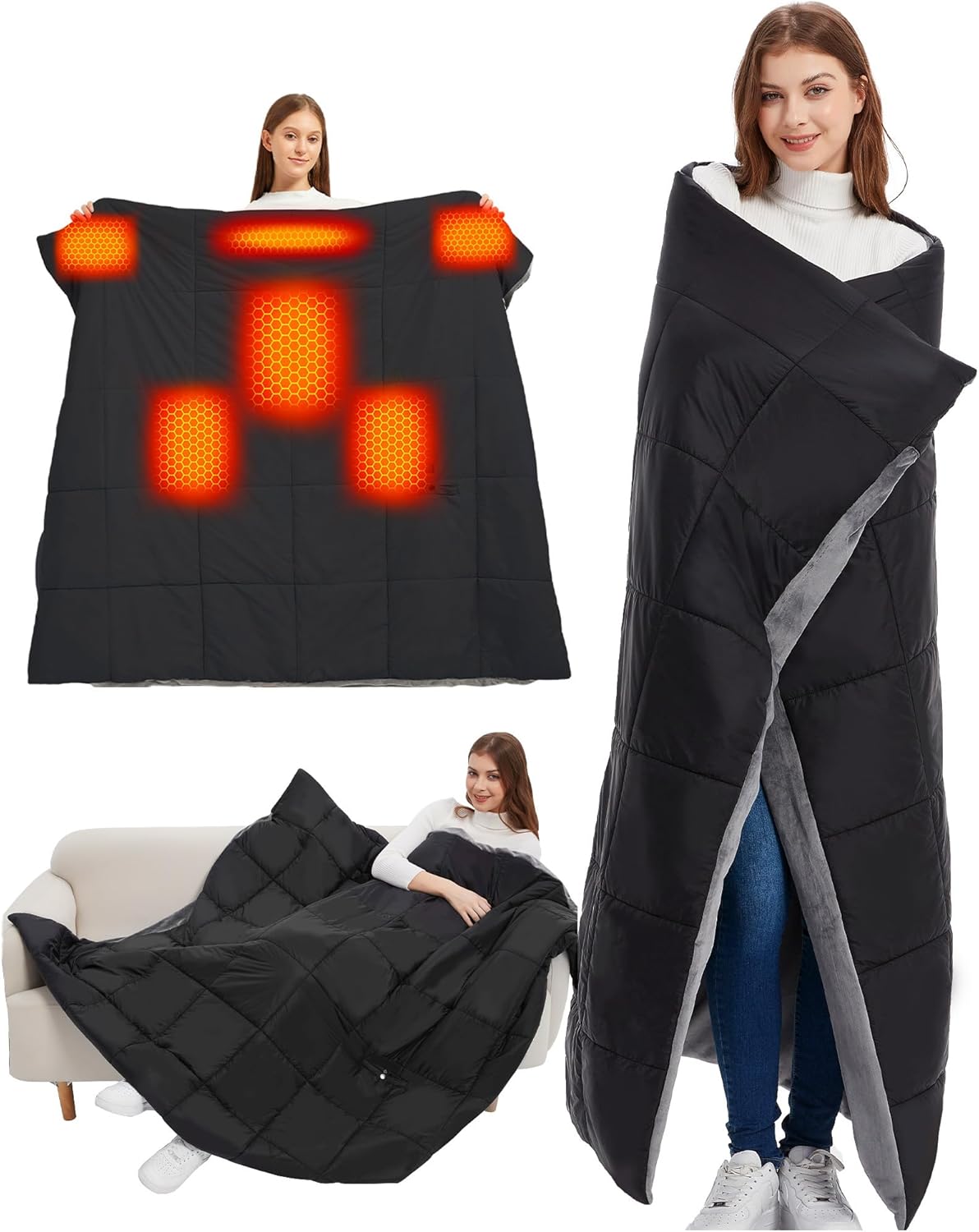 20000mAh Large Heated Blanket Battery Powered, 7.4V Battery Portable Cordless Throw Electric Rechargeable Heating Blankets (Black+20000mAh Battery, 63x55in Adult Size)