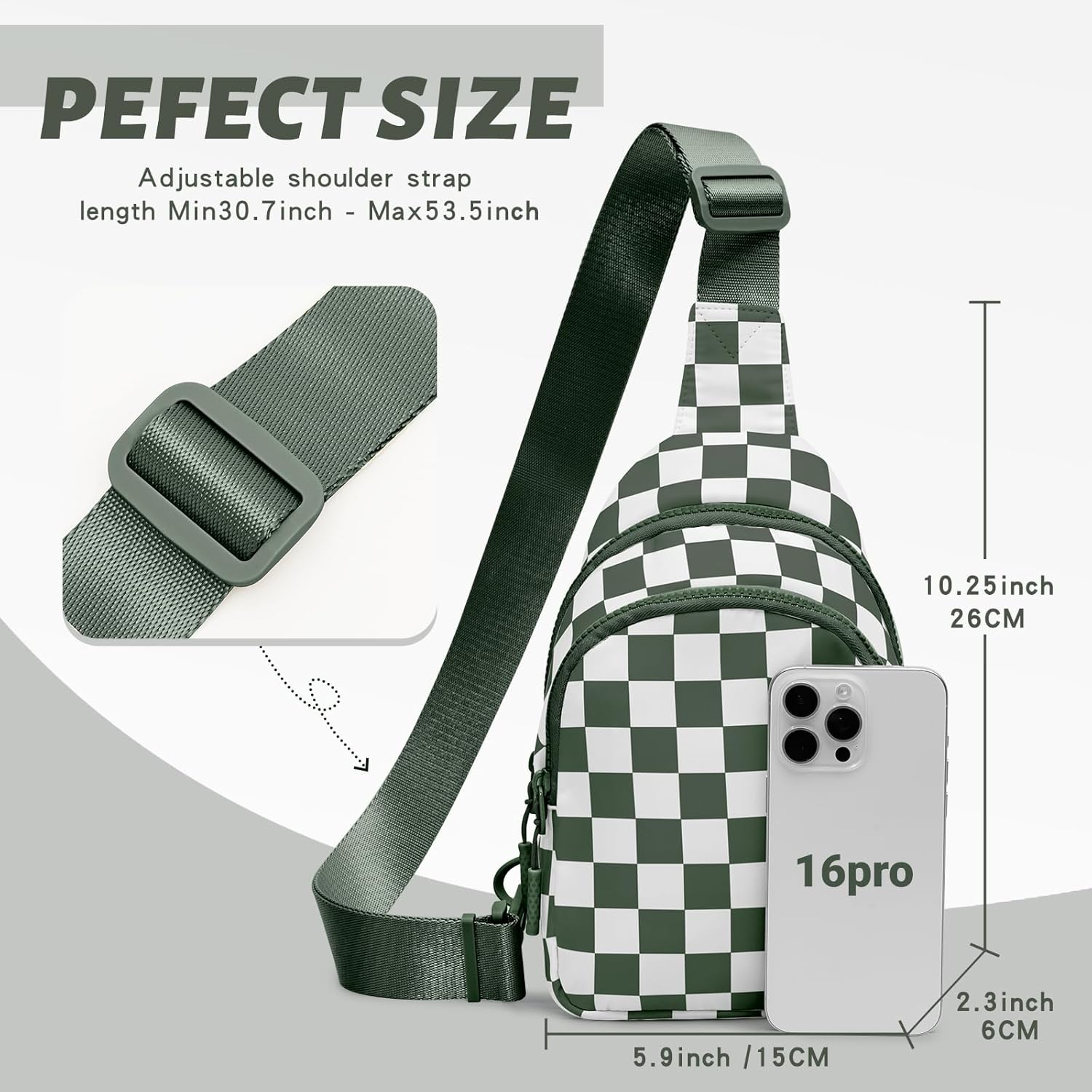 Checkered Crossbody Bag Small Crossbody Bags For Women Adjustable Waterproof Checkered Fanny Pack Chest Bag Purses for Travel (Green) - Image 3