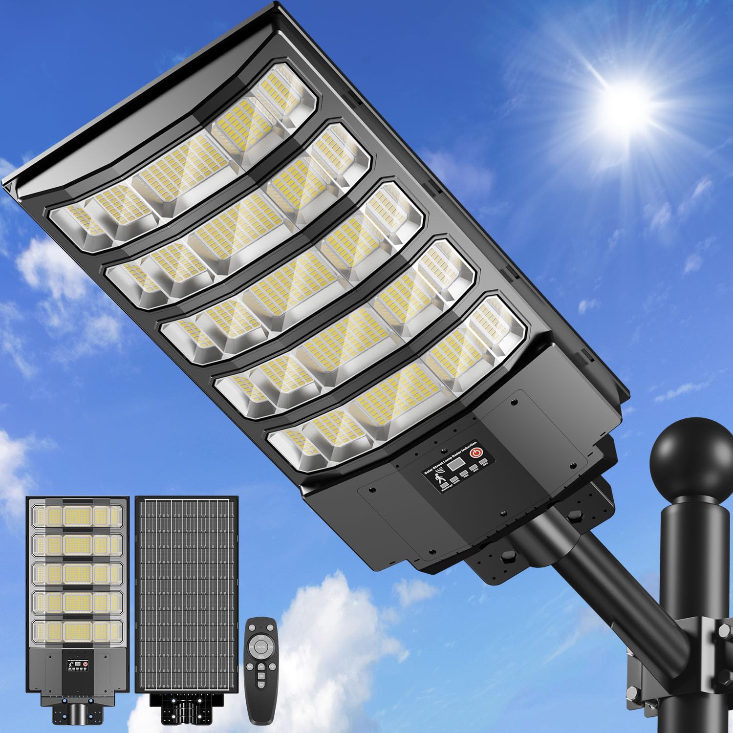 LEKIA Farolas Solares Exteriores, 8000W Potente Farola Solar con Sensor de Movimiento & Mando a Distancia, 6500K Impermeable Foco Solar Luz de Seguridad para Jardín, Patio, Parcela