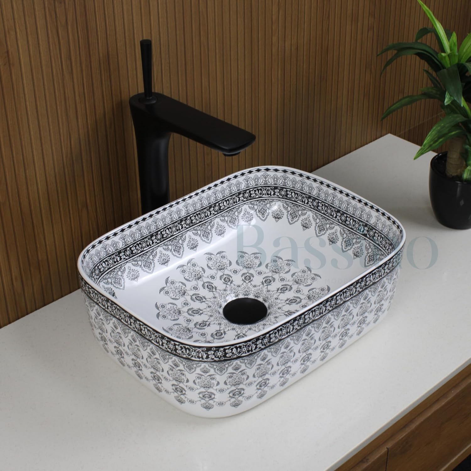 BASSINO Art Wash Basin Counter top,Tabletop Ceramic Bathroom Sink/Basin for Home,Kitchens And Offices -GLOSSY,WHITE GREY MOROCCAN Design(L400 x W300 x H140 mm) BTT-752-IN