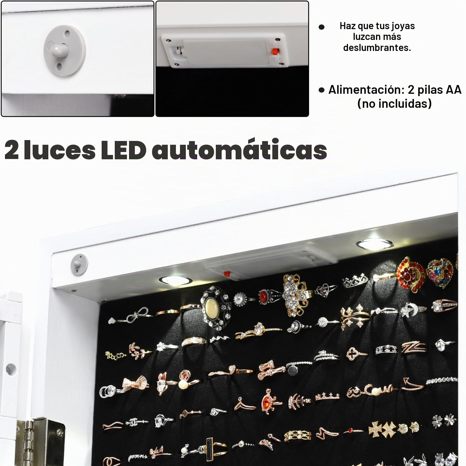 HOMASIS Espejo de Pared y Puerta para Joyas, Armario para Joyas con Cierre y Luces LED, Espejo Guarda Joyas con 2 Cajones para Anillos, Pendientes, 35.5 x 10 x 120 cm (Blanco)