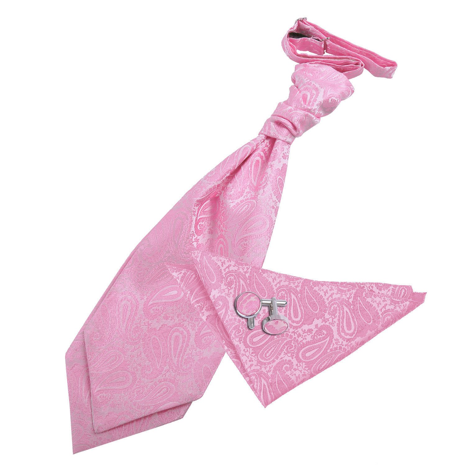 Dqt Men's Baby Pink Paisley Floral Jacquard Pre-Tied Scrunchie Cravat, Pocket Square & Cufflinks Set (3Pc) - Wedding, Business & Formal