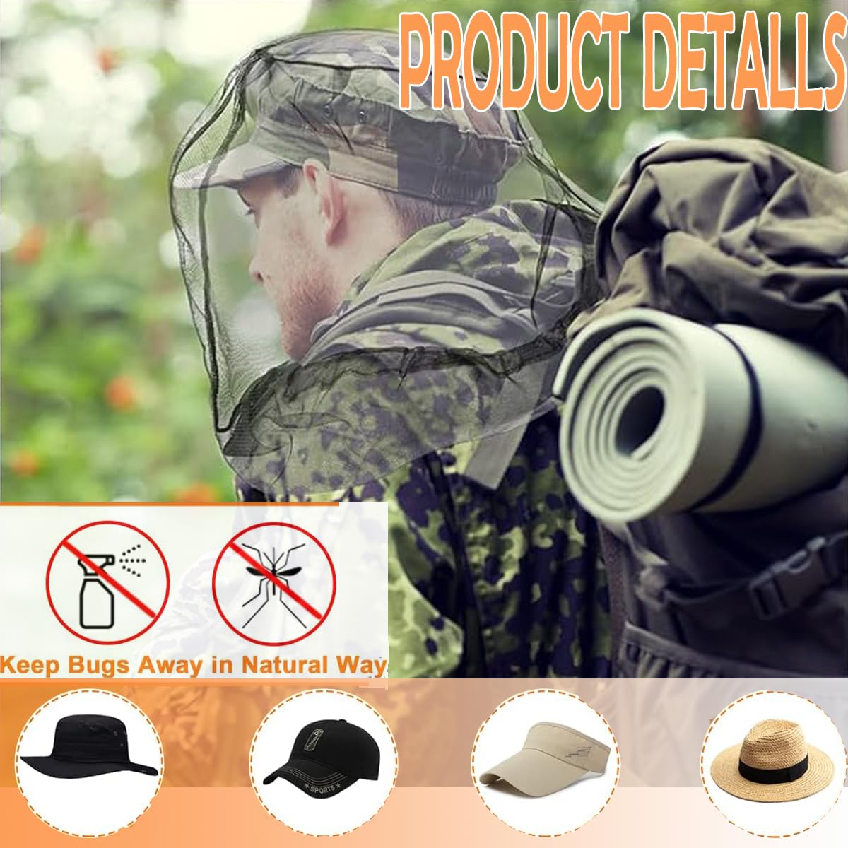 Lot De 3 Filets Anti-Moustiques Pour Tête – Moustiquaire Visage Respirante – Camping, Randonnée, Pêche