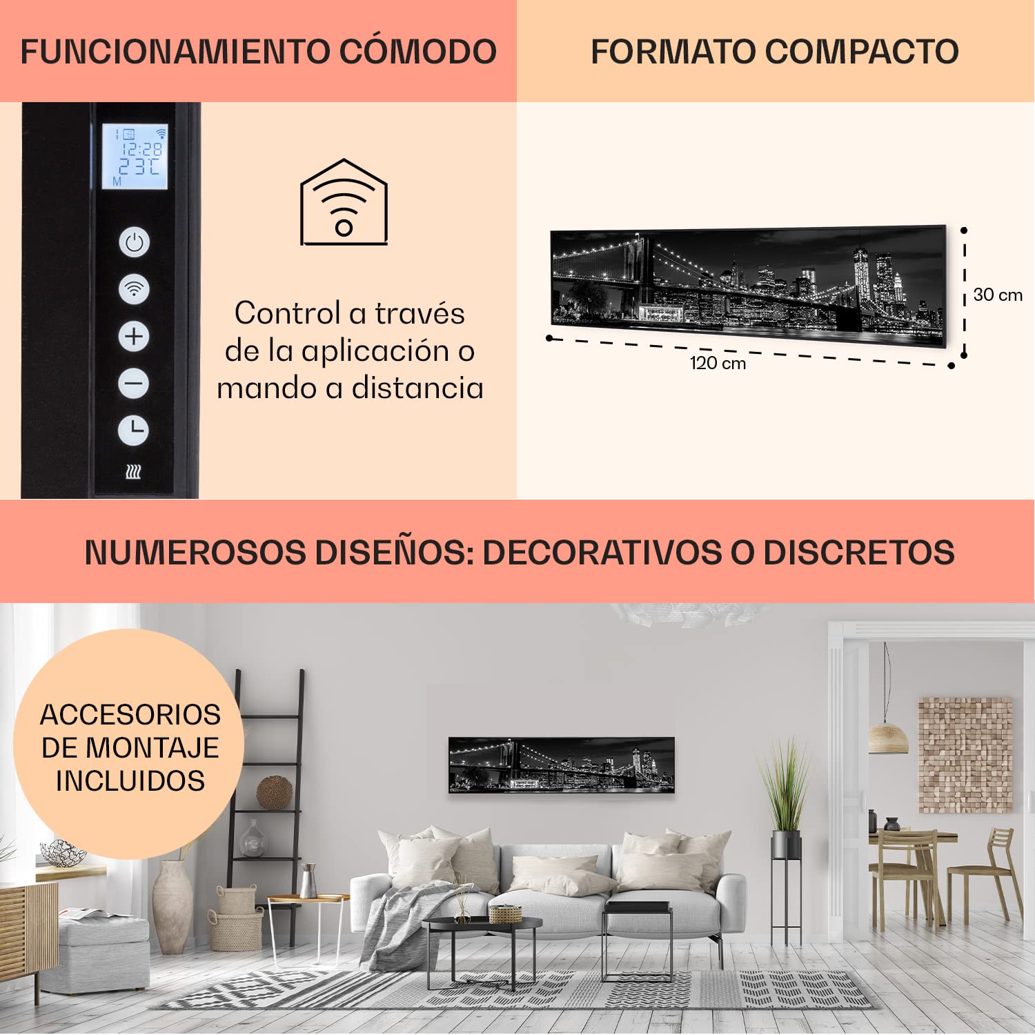 Klarstein Radiador Infrarrojos Pared Potencia, 350W, Placa Calor Bajo Consumo App/loT, Panel Radiante Bajo Consumo, Infrarrojos Calefaccion, Calefactores Infrarojos Panel Radiante Pared
