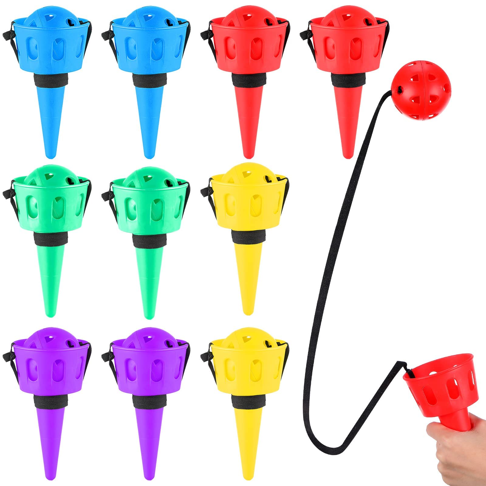 TERRIFI Throw and Catch Ball Set, 10Pcs Kids Game Ball and Cup Hand Eye Coordination Kids Catch Ball with String Outdoor Party Game for Yard Lawn Camping Games, 5 Color
