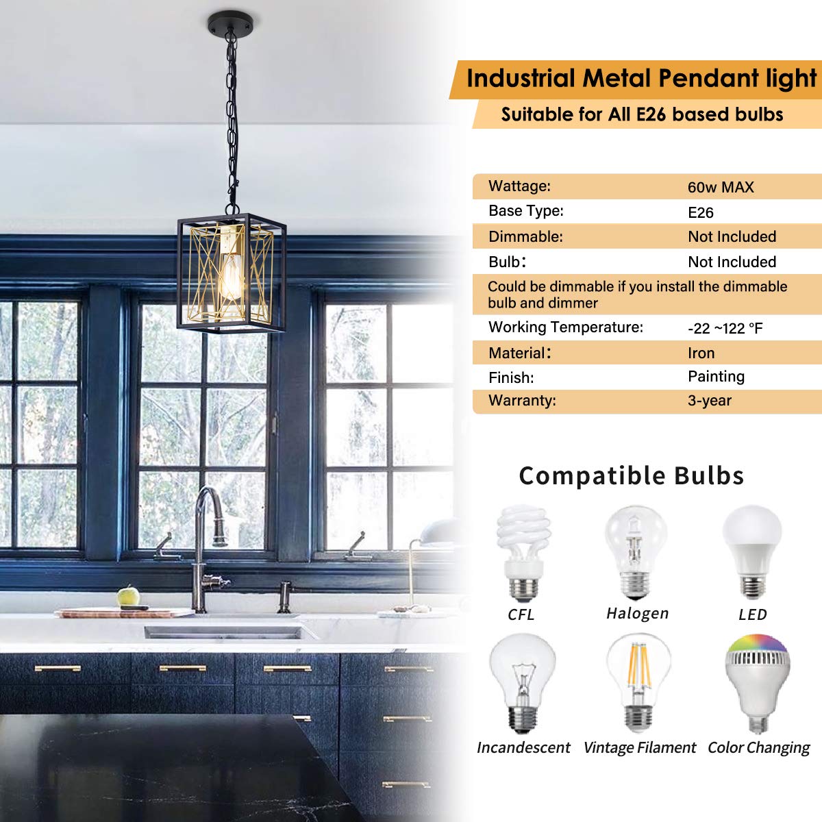 Pendant Lighting, UL Listed Cage Kitchen Light Fixtures Industrial Farmhouse Chandelier Black Gold Metal Hanging Lights E26 Modern Ceiling Light for Kitchen Island Entryway Dining Room Bedroom Foyer