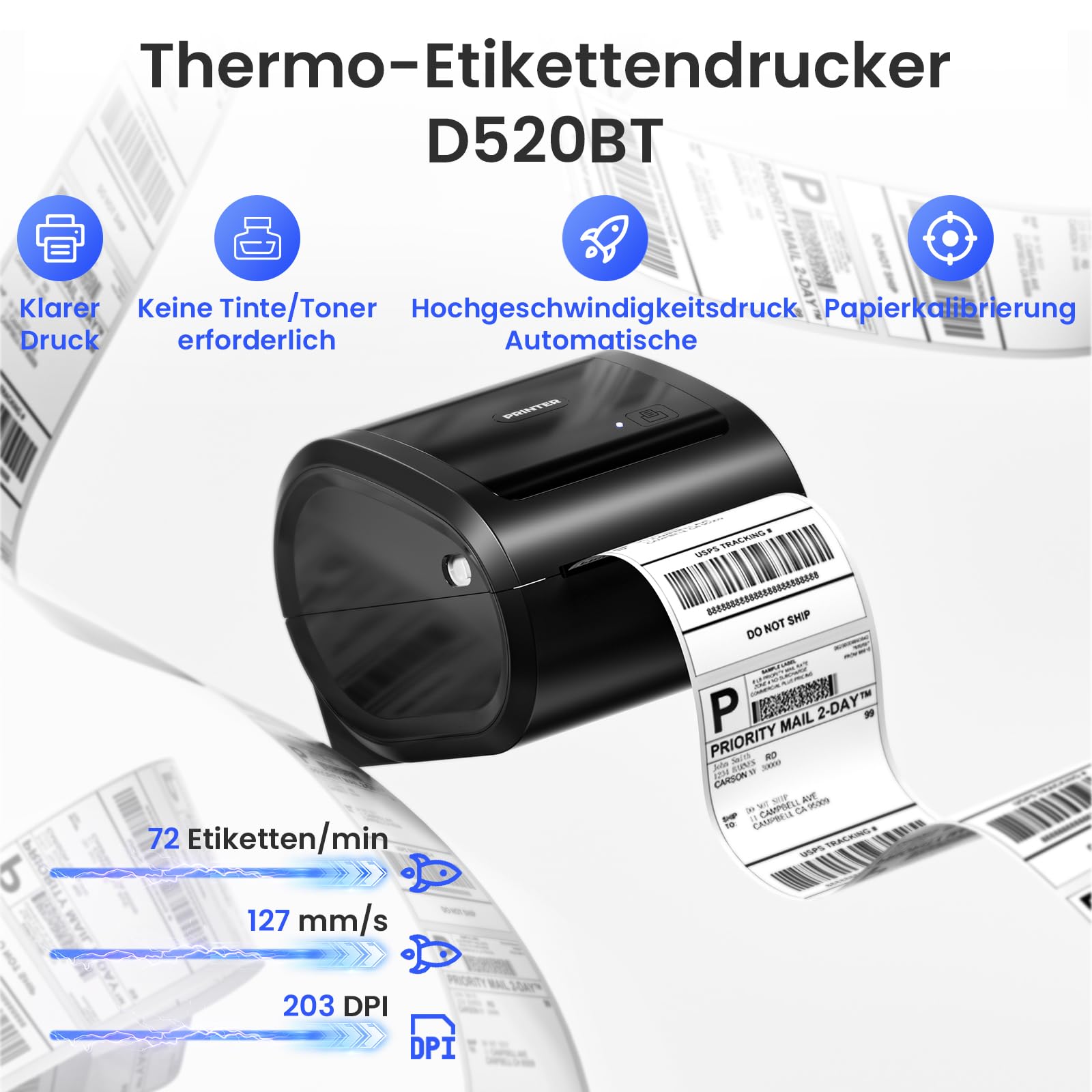 Phomemo Versandetiketten Drucker 4x6,Bluetooth Etikettendrucker DHL, D520BT | Label Printer für Barcode, Thermodrucker Kompatibel mit Vinted, Amazon, Etsy, Shopify, UPS, FedEx etc