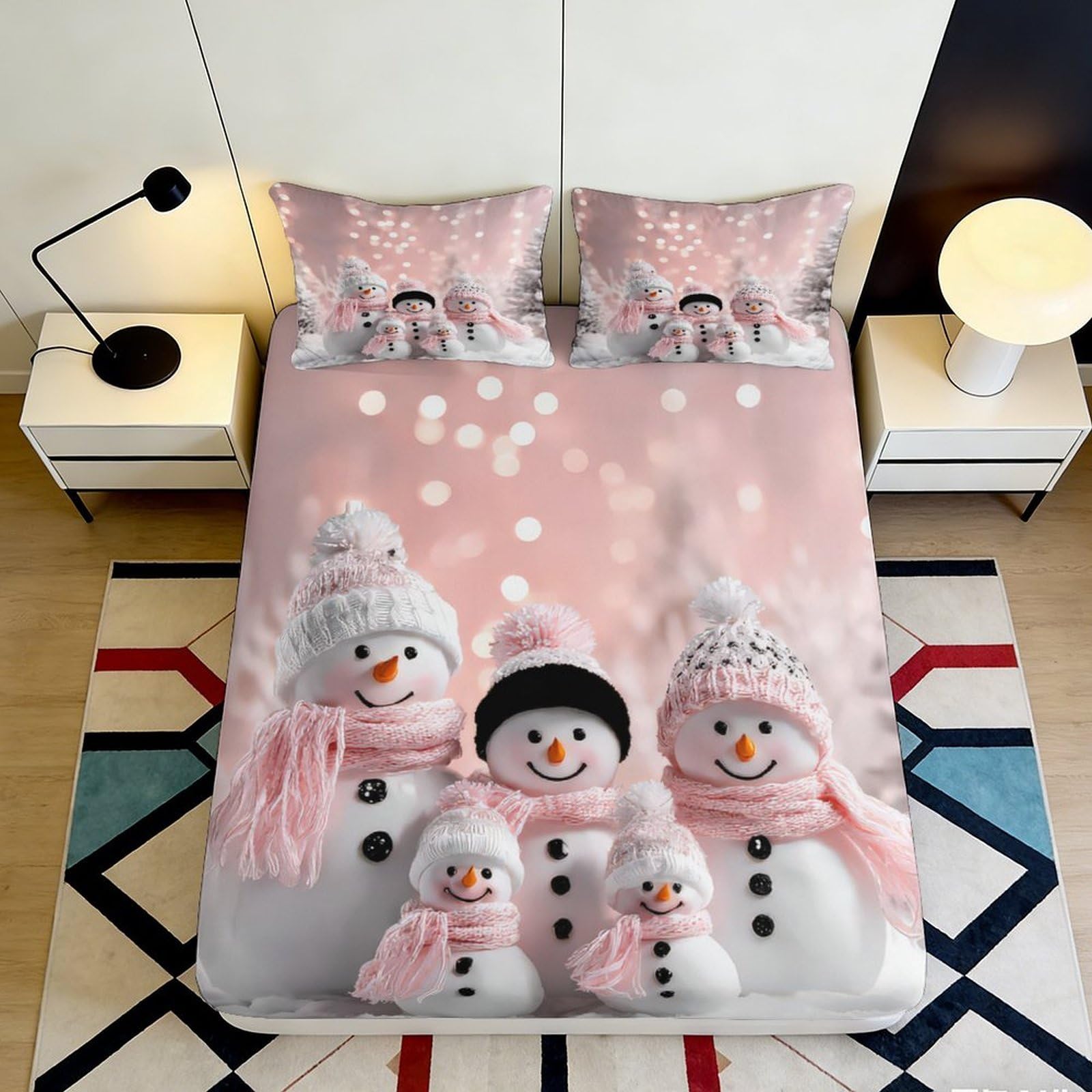 Kzqnxhjprl Style-3 3D Printed Pink Snowman Family Fitted Sheet Microfiber Soft Anti-Slip Bed Cover For Bedroom Guest Room Decor 90X200x25cm