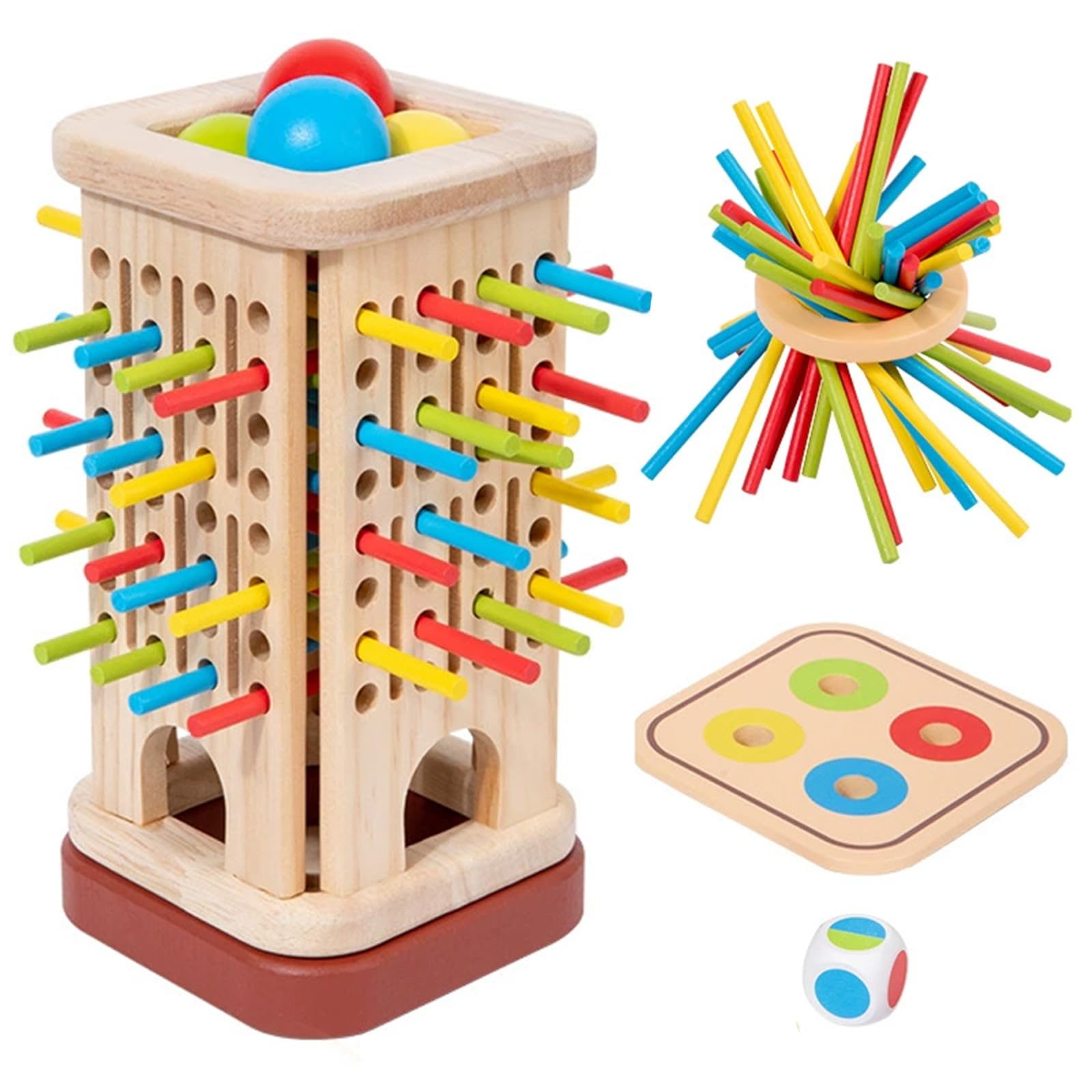 Guopai Montessori Wooden Stick Game for Kids Ages 3+, Fine Motor Skills Toy with 32 Colourful Sticks, Dice & Wooden Box, Educational Board Game for Toddlers, Boys & Girls, Family Game Night Fun