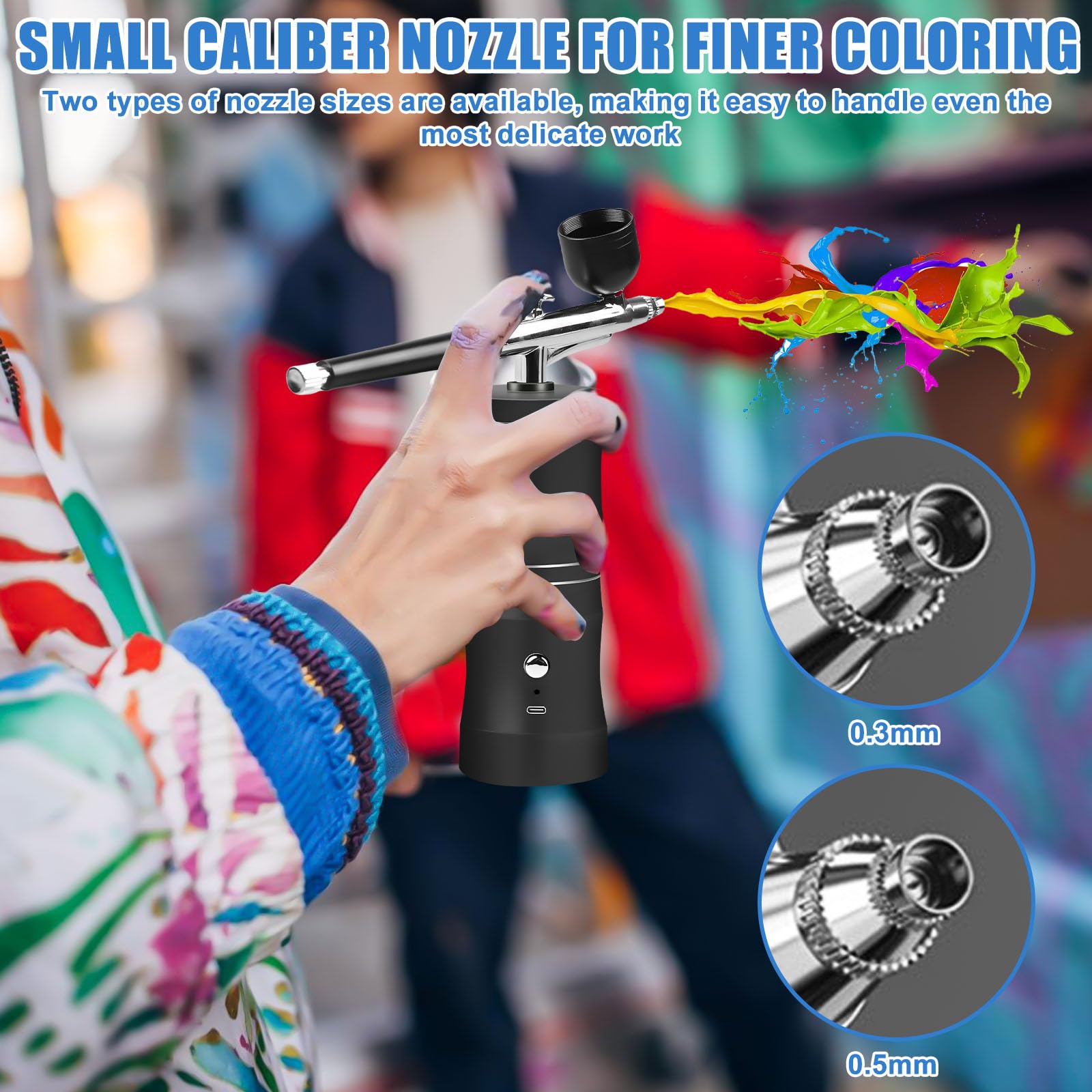 GOMETY Aerografo con compressore, kit da 34 PSI con ugello da 0,4 mm, pistola a spruzzo wireless ricaricabile per graffiti, tatuaggi, unghie, trucco e decorazione di torte.