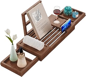 Yirilan Bamboo Bath Tray, Expandable Bath Caddy Tray, Adjustable Bamboo Bath Board with Drink Holder, Bookends and Other Functional Positions, Brown
