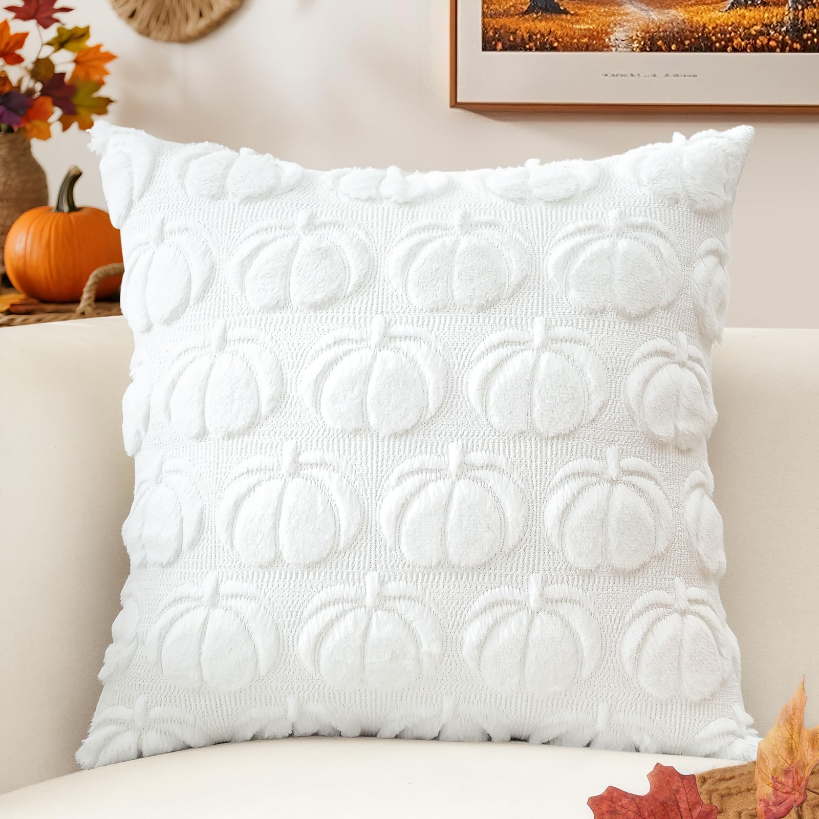 JOTOM White Pumpkin Fall Cushion Covers 50x50cm Soft Plush Faux Fur Autumn Thanksgiving Decorative Throw Pillow Covers Pillow Case for Home Bedroom Couch Sofa Decor (White) - Image 4