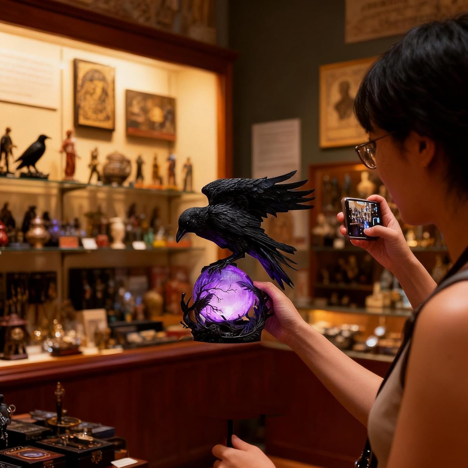 Crow Lamp - Violet LED Fantasy Mysterious Home Decor, Glowing Orb Raven Lamp, Perfect Accent for Living Room Dorm Garage Apartment Display, Seasonal Decorative Light, for Home Nightstand
