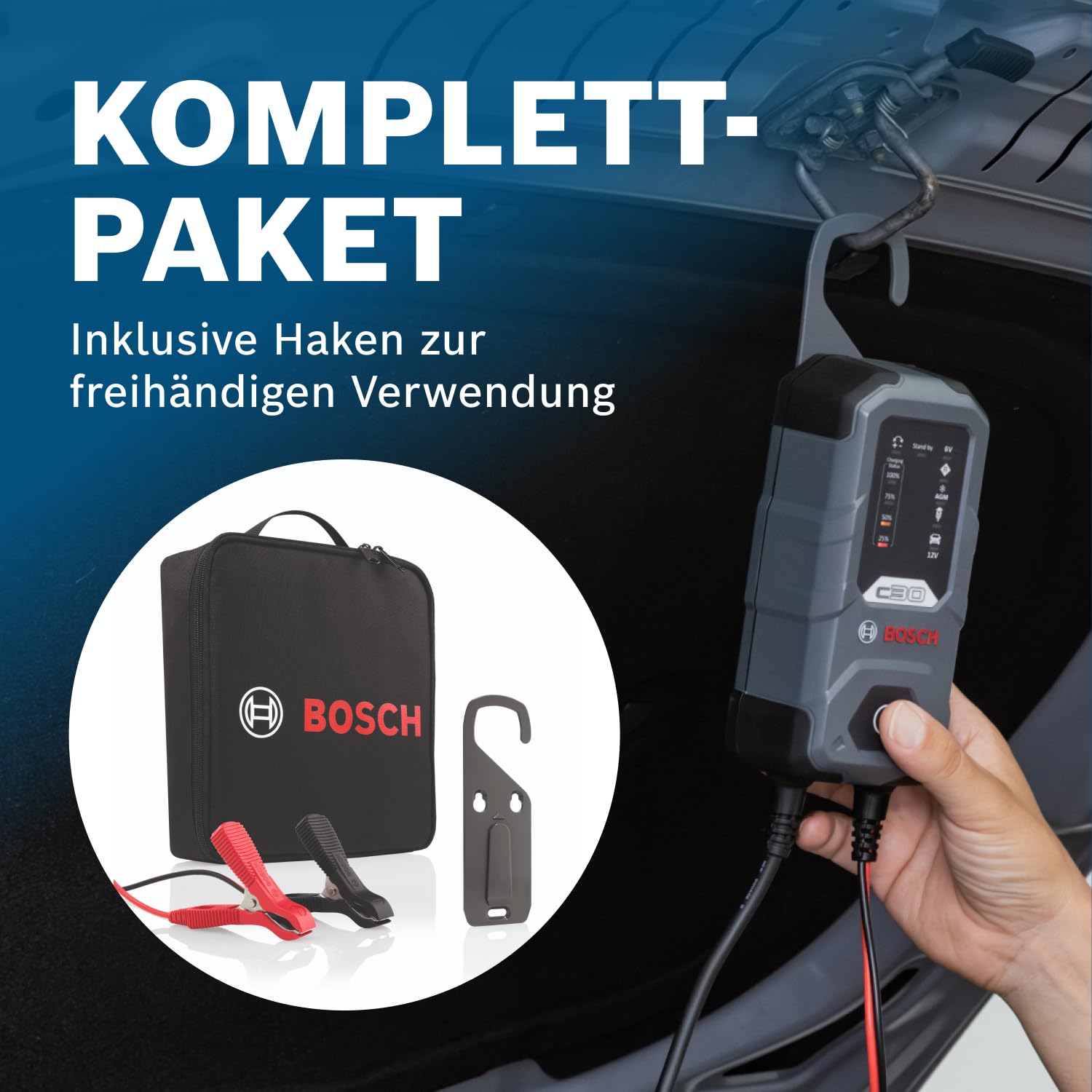 Bosch C30 Batterieladegerät, 3,8 A mit Erhaltungsfunktion, für 6 V/12 V Blei-Säure-, EFB-, Gel-, AGM- und SLI-Batterien, wird mit einem UK-Stecker geliefert