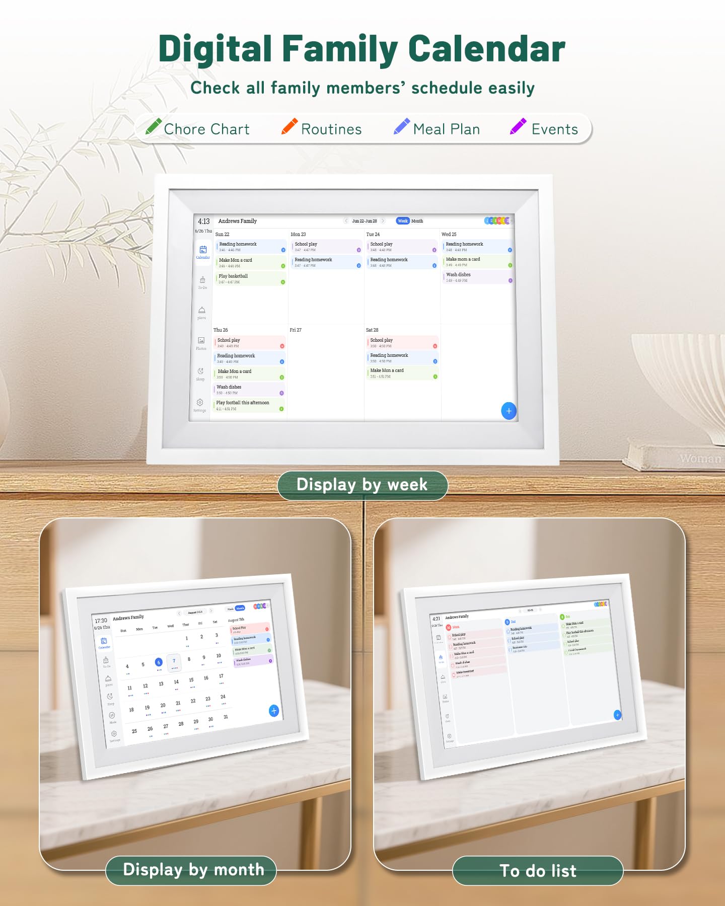 Calendario digitale da parete con touchscreen, calendario intelligente da 10 pollici, calendario elettronico per la famiglia, calendario digitale WiFi per la famiglia, grafico delle faccende