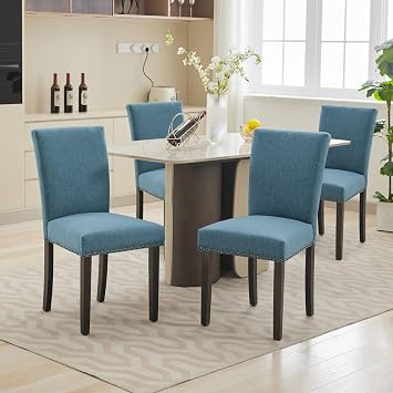 Upholstered Dining Chairs Set of 4, Fabric Parsons Dining Chair with Nailhead Trim, Modern Fabric Accent Chair Kitchen Chairs for Dining Room/Kitchen, Wood Dining Chair Sets Dark Blue
