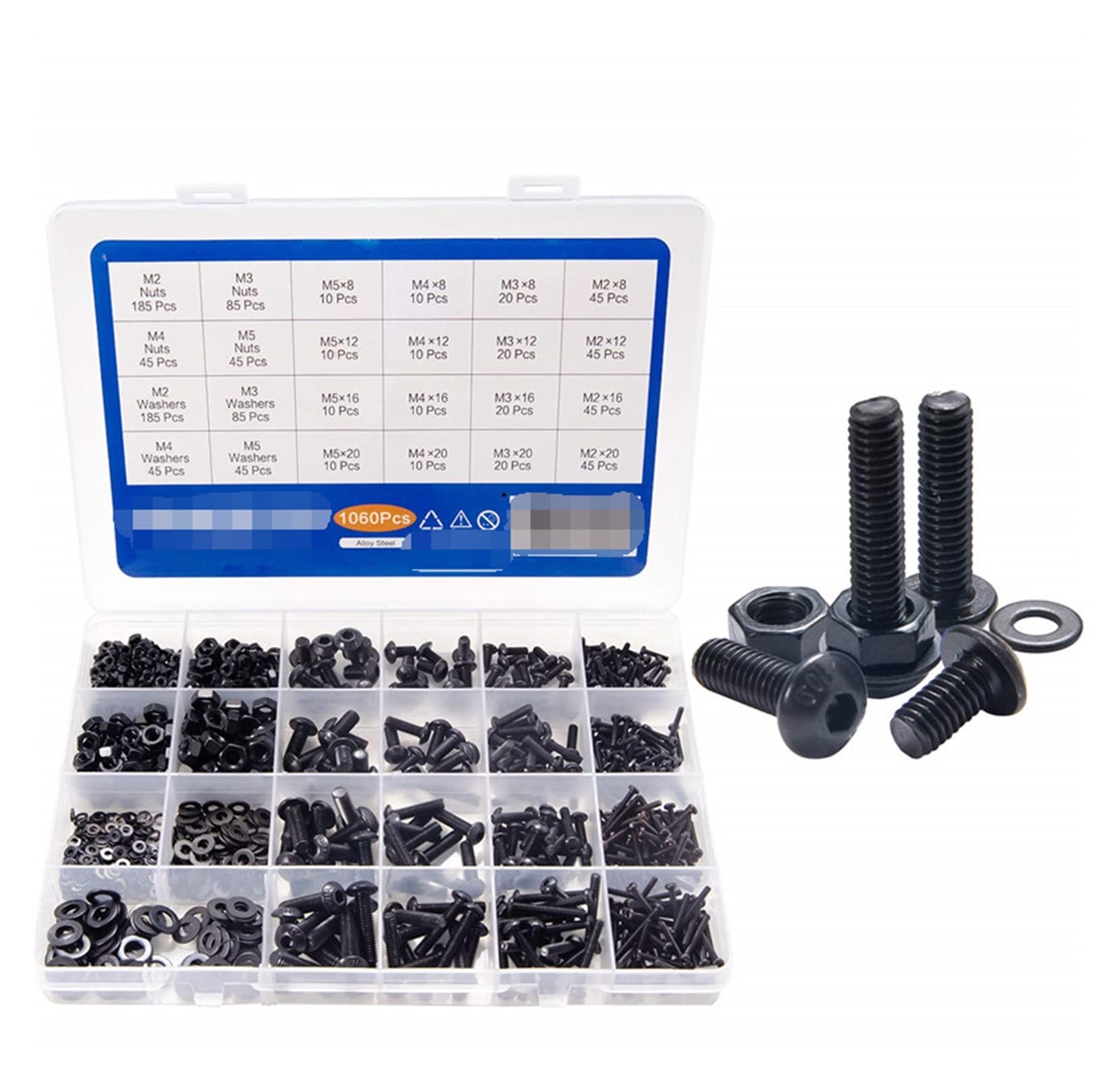 yaoqijie 1060pcs M2 M3 M4 M5 Juego de tornillos de zócalo hexagonal de acero al carbono Tornillos de cabeza redondos planos Tornillos de tornillos y nueces Kit de surtido con caja de almacenamiento l