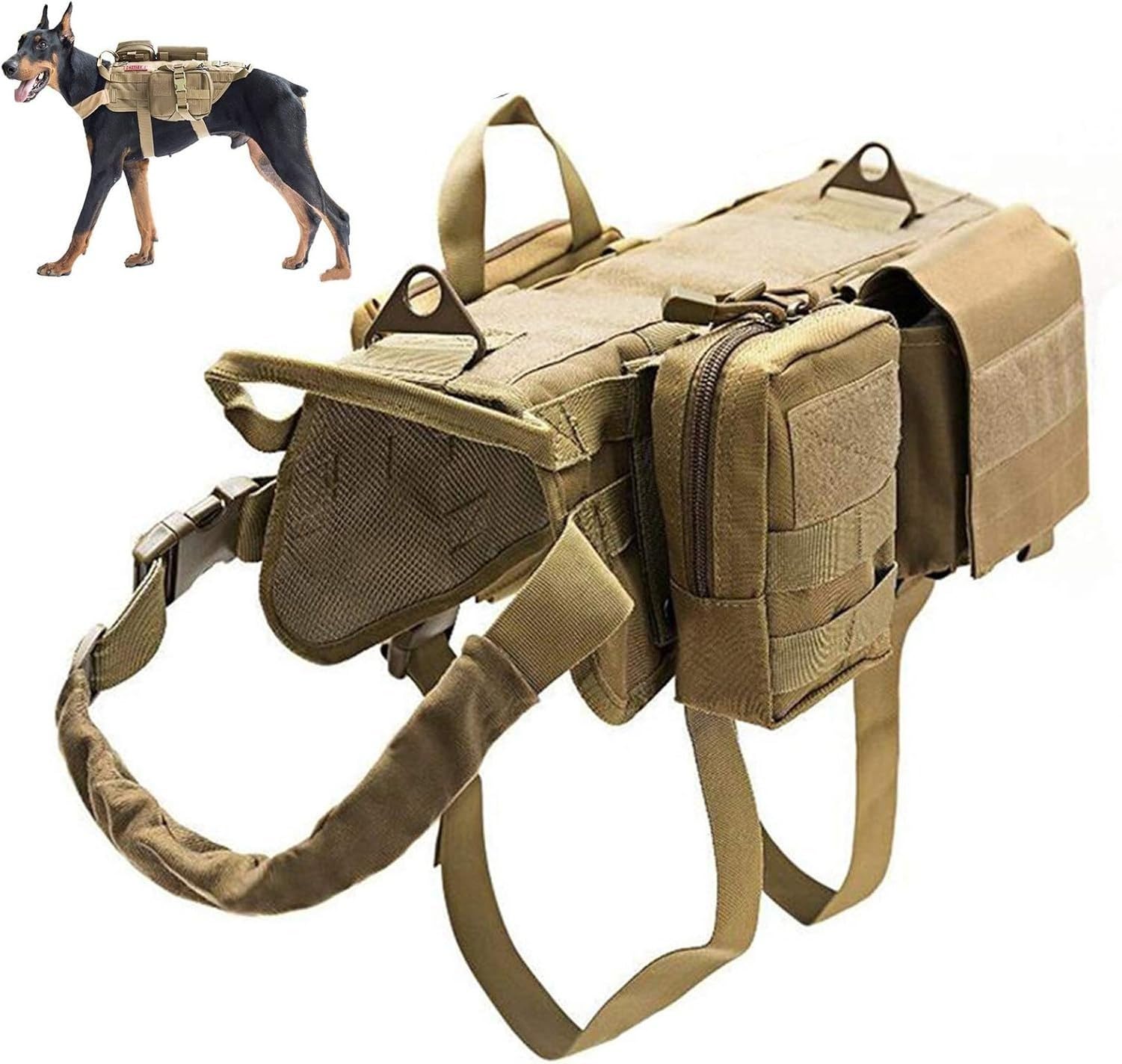 Arnés táctico para Perro con Bolsillos Desmontables, Chaleco molle sin tirones con asa para adiestramiento y Senderismo, Peto de Trabajo para Perros Grandes y m, Brown, M