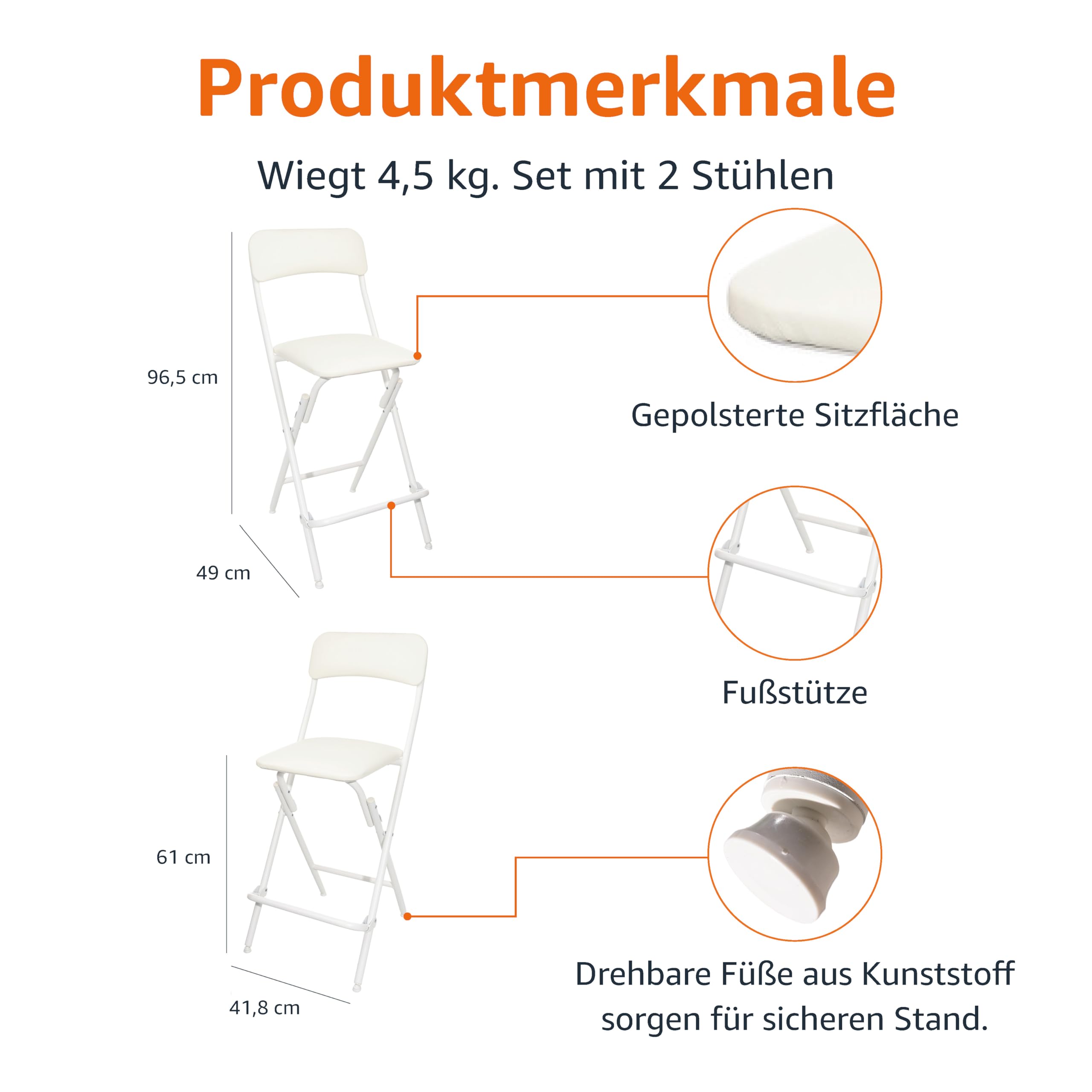 Amazon Basics Klapphocker mit Fußablage, 136,1 kg Traglast, 61 cm hoch, 2 Stück, Weiß