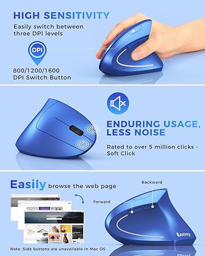 Vista 5 de Lekvey Ratón ergonómico, ratón inalámbrico vertical recargable 2.4G USB óptico túnel carpiano ratones : 3 DPI 800/1200/1600 niveles 6 botones