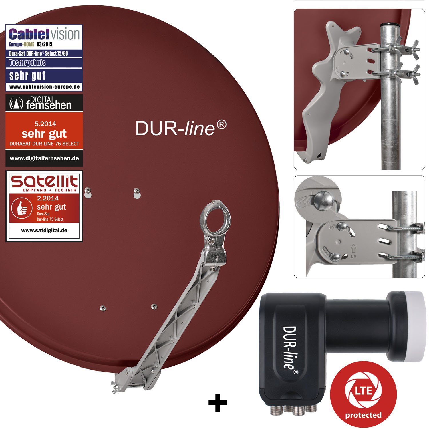 DUR-line Multischalter LNB Set - Qualitäts-Alu-Satelliten-Komplettanlage - Select 75/80cm Spiegel/Schüssel Rot + Quattro LNB - für Multischalter [Neuste Technik, DVB-S2, 4K, 3D]