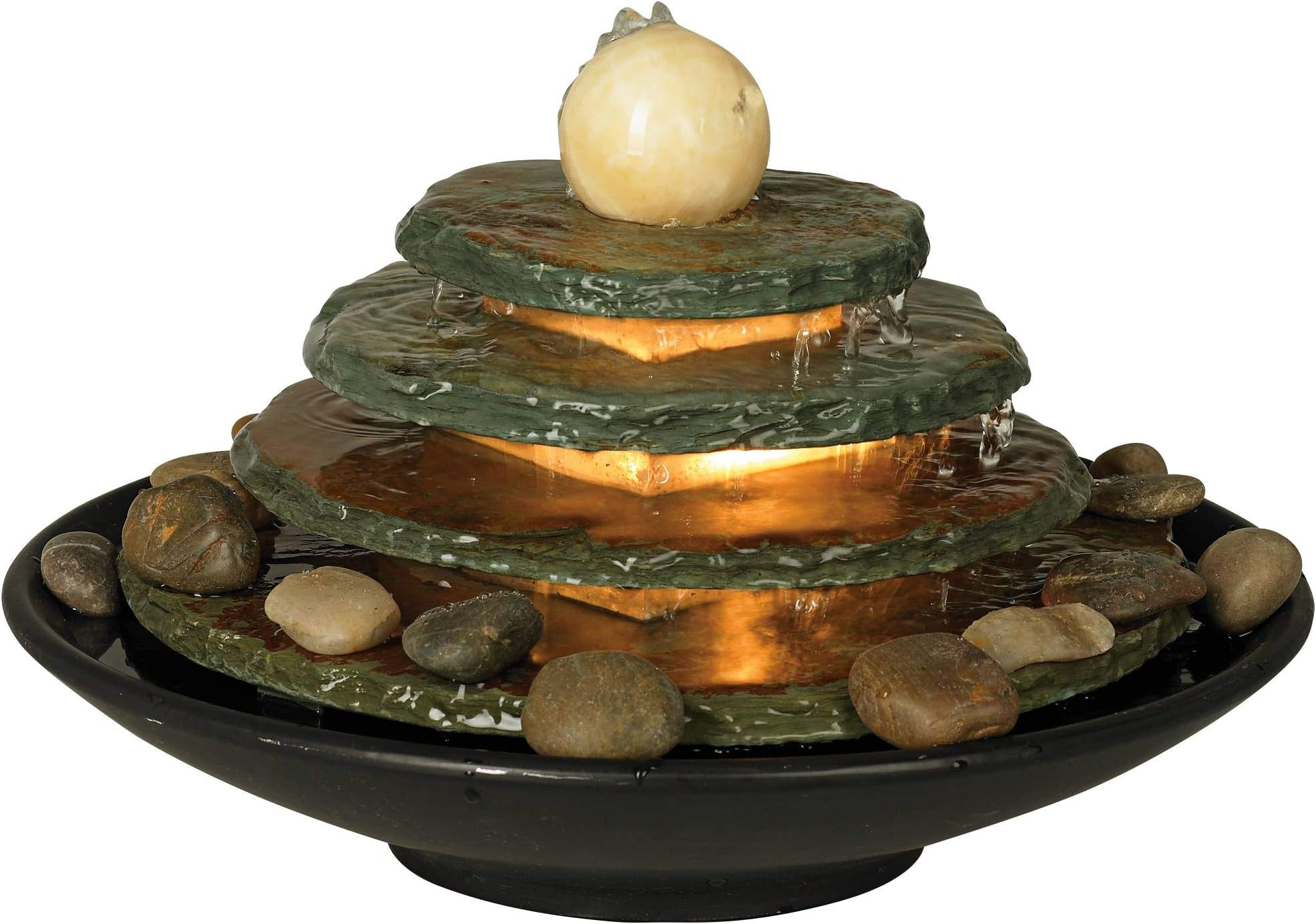 Pyramid 10" High Small Zen Modern Indoor Decor Slate Stone Tabletop Fountain with Light Waterfall Feng Shui Ball Rock Water Feature for Desk Relaxation Bedroom Living Room Countertop - John Timberland