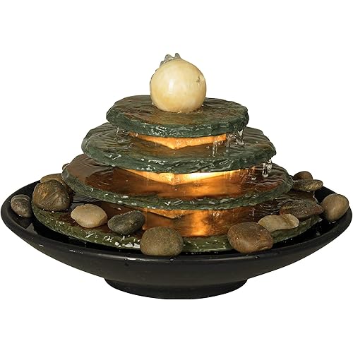 Pyramid 10" High Small Zen Modern Indoor Decor Slate Stone Tabletop Fountain with Light Waterfall Feng Shui Ball Rock Water Feature for Desk Relaxation Bedroom Living Room Countertop - John Timberland