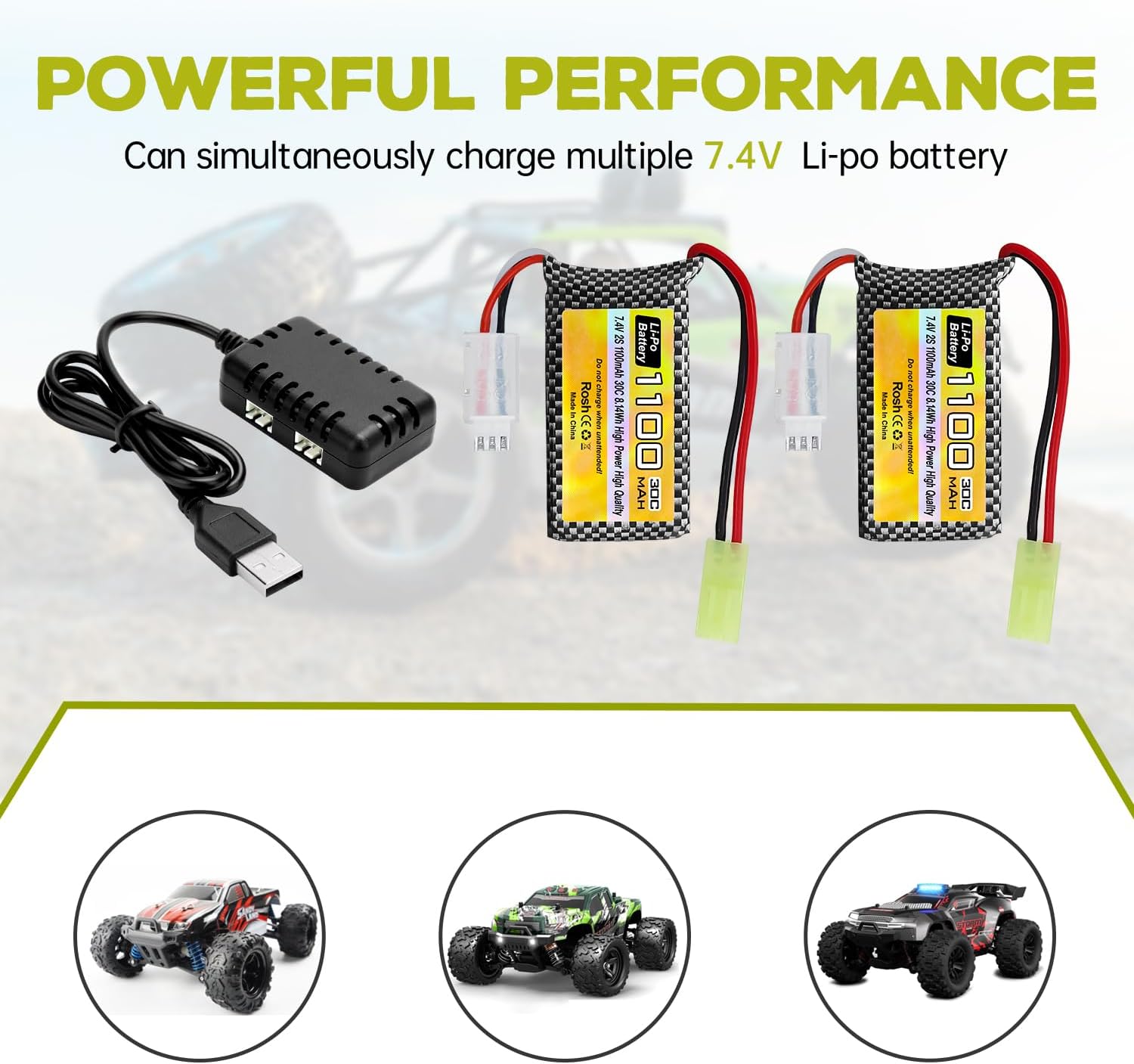 sea jump 7.4V Rechargeable Lipo Battery 2S 30C 1100mAh for 9300 9310 9305E 9304E 9303E 9302E 9301 9201E Toy Car Compatible with Most RC Car Trucks in 1/10, 1/16, 1/18, 1/24 Ratios, with 2in1 Chargers