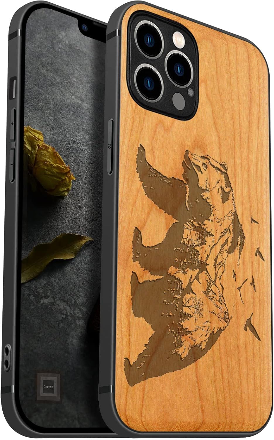 Carveit Magnetic Wood Case for iPhone 12 Pro Case [Natural Wood & Black Soft TPU] Shockproof Protective Unique & Classy Wooden Cover Compatible with MagSafe (Bear -Blackwood)