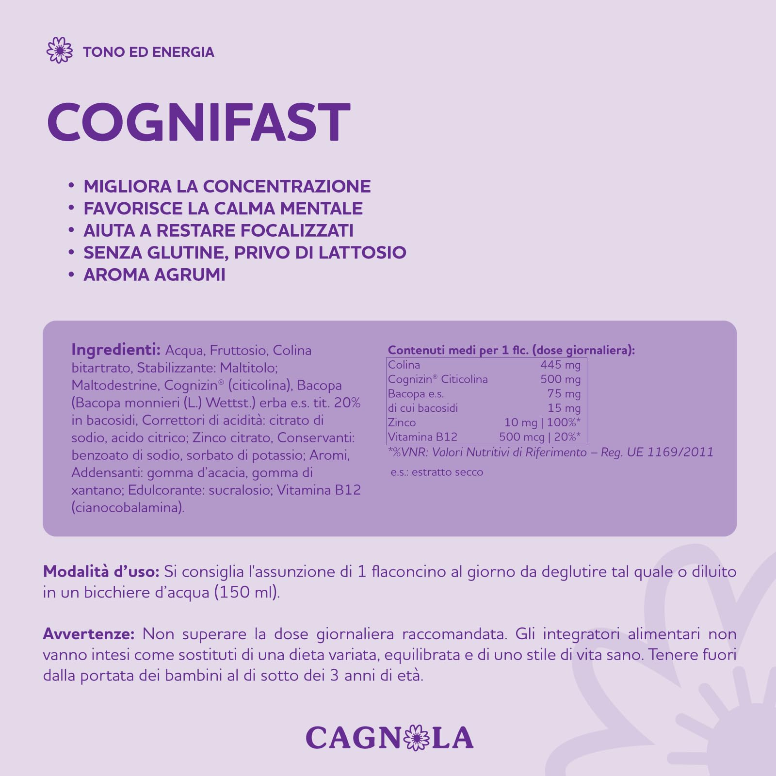 CAGNOLA | Integratore Memoria e Funzioni Cognitive, Stanchezza e Affaticamento, Cogniflash 10 Flaconi da 10 ml, Ideale per la Concentrazione, con Colina, Bacopa, Zinco e Vitamina B12