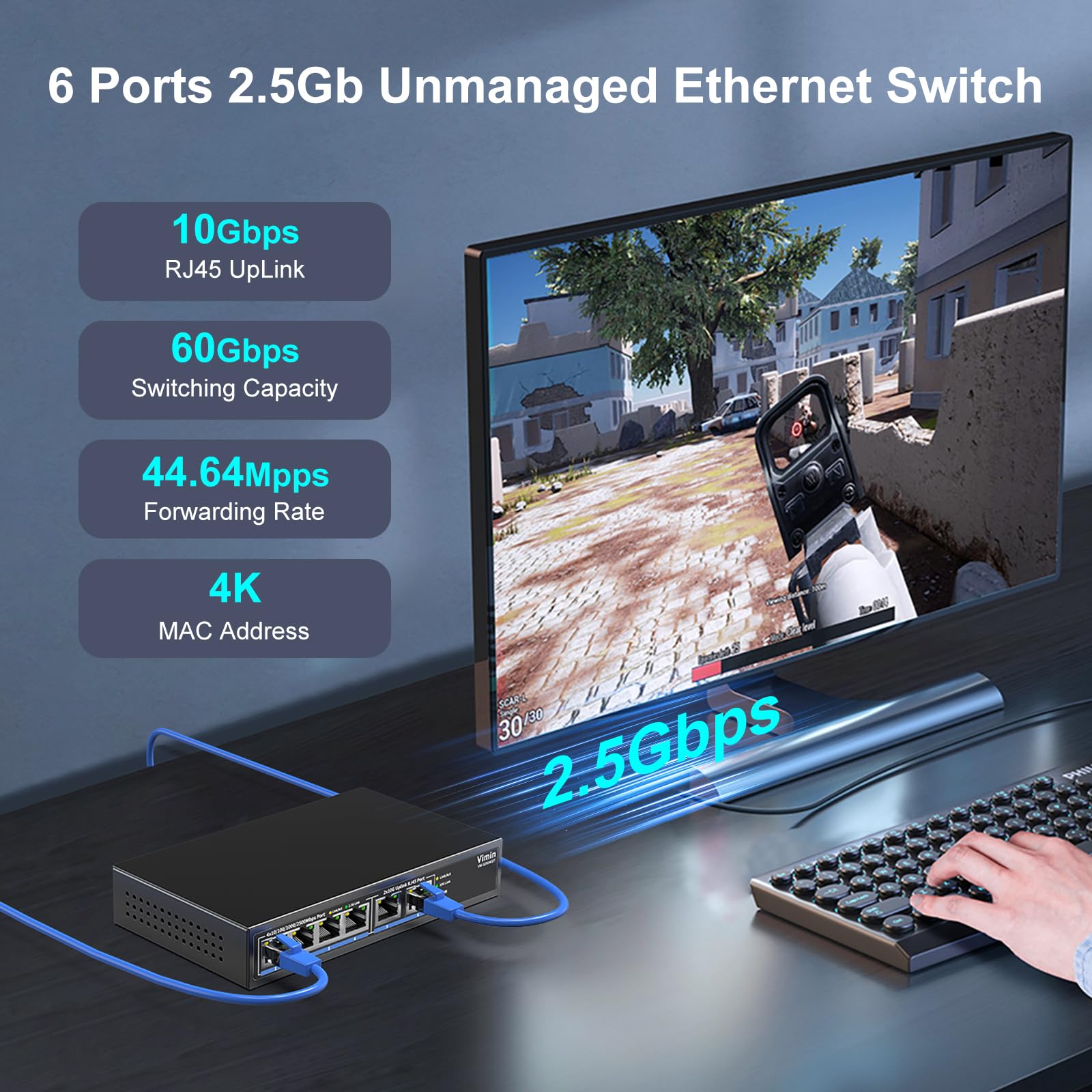 10Gb Unmanaged Ethernet Switch avec 4*2.5G Base-T Ports, 6 Ports 10G/2,5G avec 2*10GBASE-T Commutateur Réseau Non Géré, Capacité 60 Gbit/s, Network Switch Multi-Gigabit de Bureau/Mural pour NAS, PC