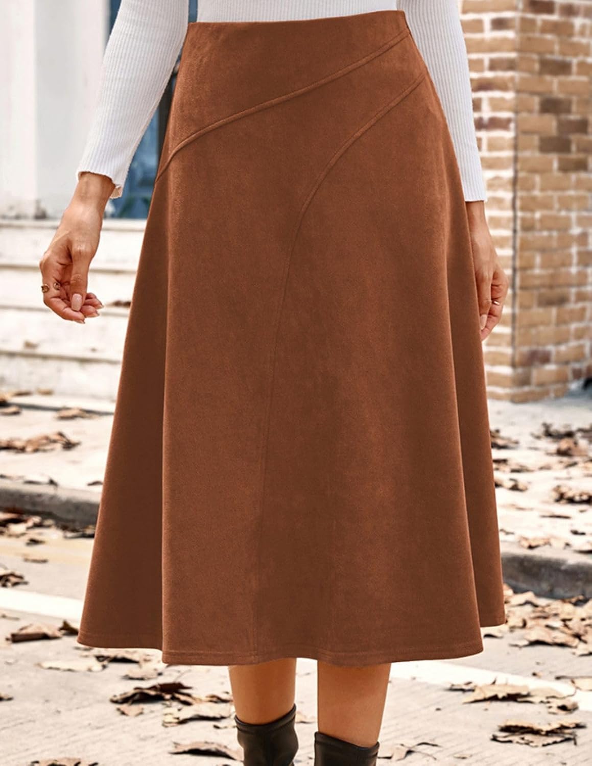 Kate Kasin 2025 Women's Suede Skirts, High Waist A-Line Skirt, Fall Winter Midi Skirt - Image 6