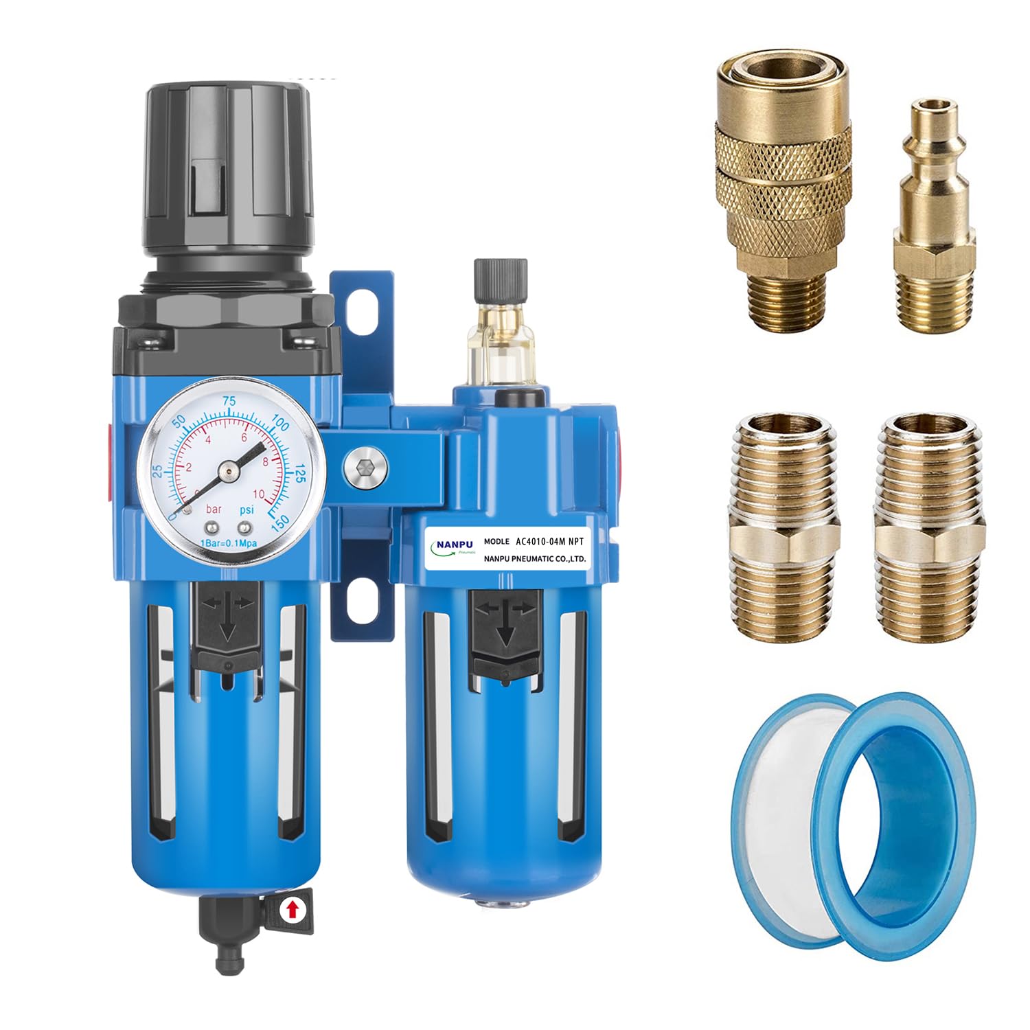 Produktbild von NANPU 1/2" BSP Druckluft-Filterregler Mit Schmierstoff – 12 Bar, 2600 L/min, Zinklegierung, Poly-Schale, Manometer 0-16 Bar