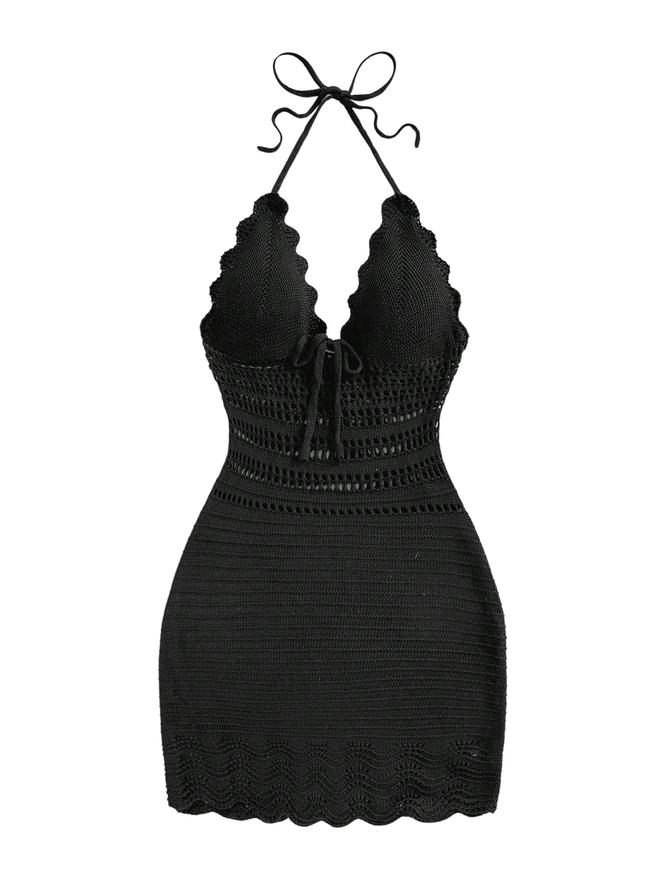 Photo 1 of GORGLITTER Women's Vacation Outfits Crochet Halter Mini Dress Summer Beach Bow Tie Backless Bodycon Knit Festival Sundress Black Large