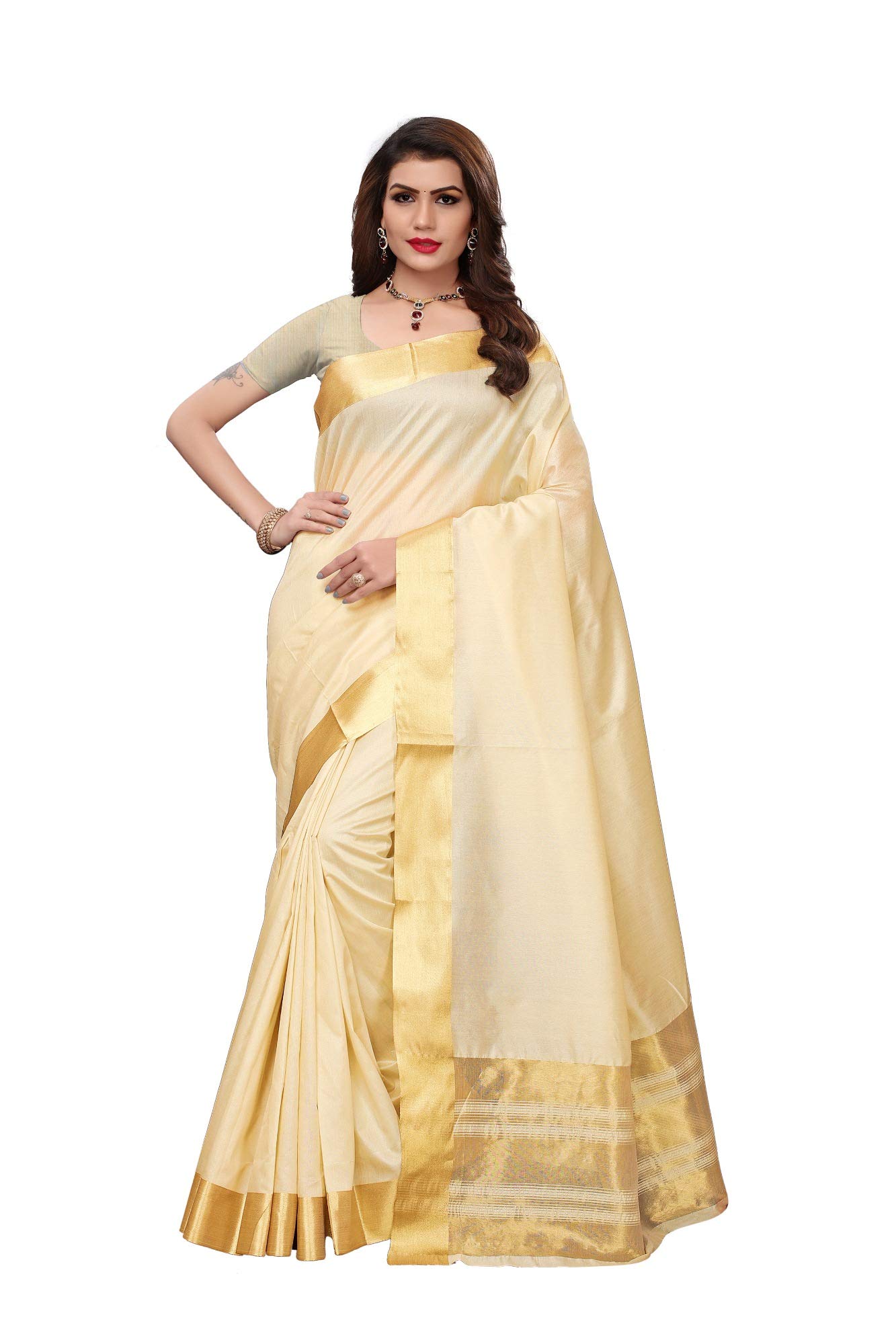 Blend Womens Solid Silk Saree with Blouse Piece(Kerala Cotton_Free Size) Cream-image-15