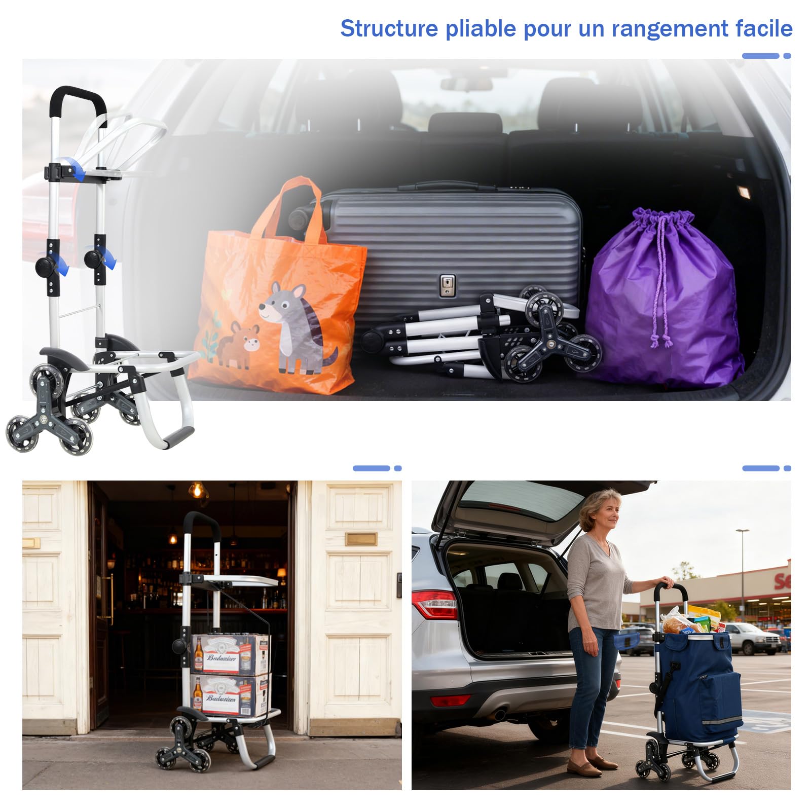 Sekey Chariot de Courses 3 Roues Monte Escalier Pliable 3 en 1, Caddie Isotherme avec Sac Amovible, Diable et Trolley, Grande Capacité, Léger et Solide, Idéal Courses et Seniors – Bleu