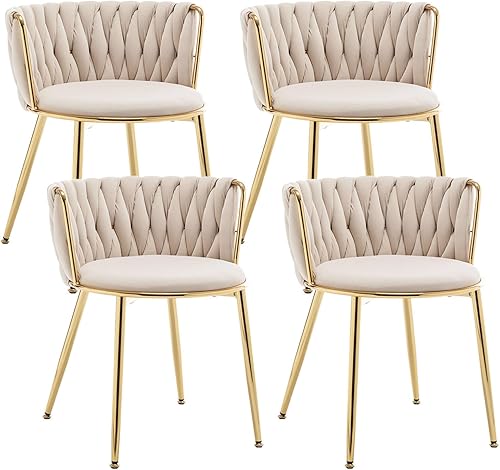 Miniatura 1 de Riknuxi Juego de 4 sillas de comedor de terciopelo, modernas sillas de comedor tejidas con patas de metal, sillas de comedor tapizadas doradas para
