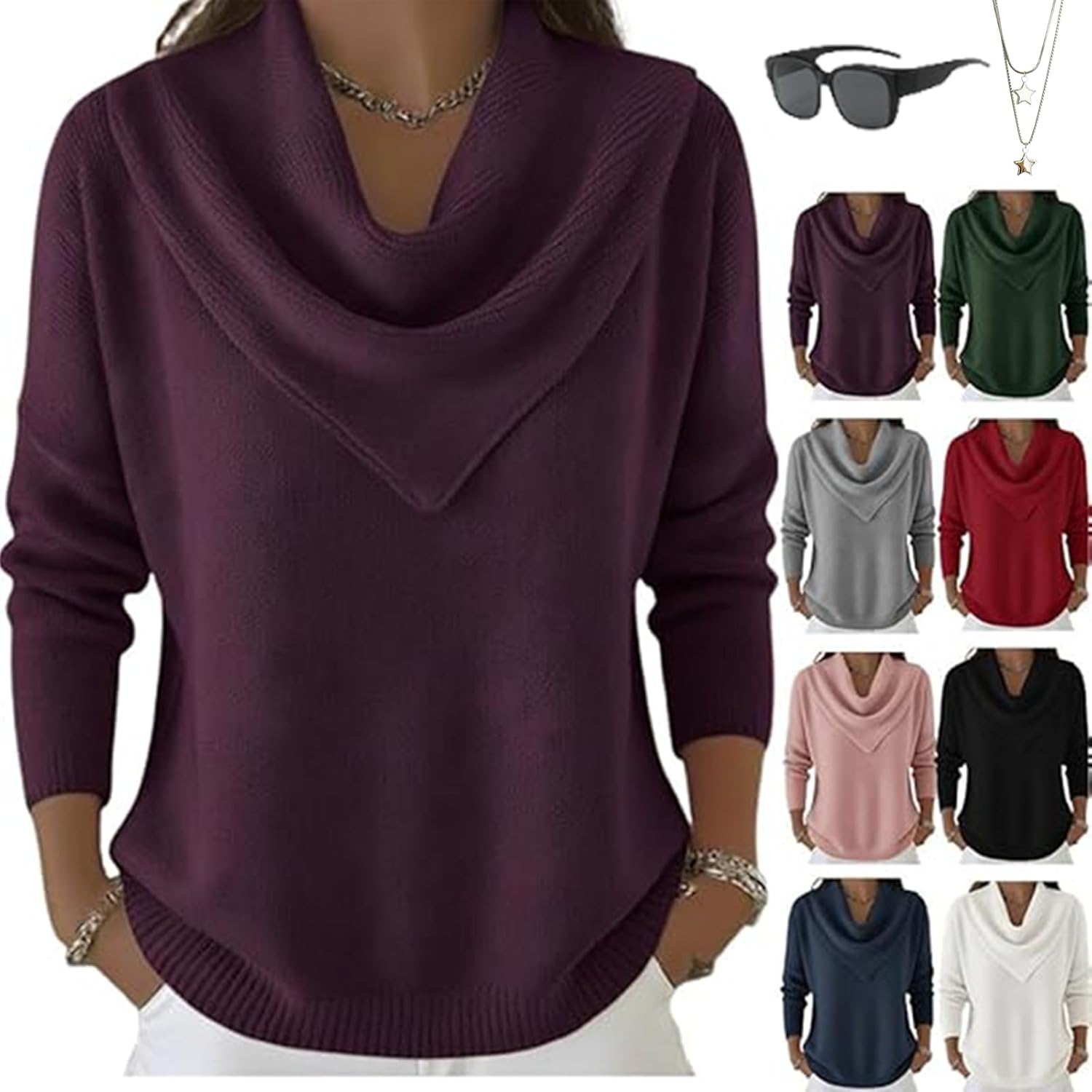 Elegant Retro Soft Triangle Neck Solid Color Sweater Top Cozy Long Sleeve Knit Pullover Cowl Style for Women