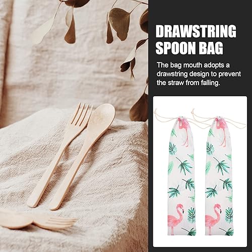 Miniatura 2 de UPKOCH Bolsa de cubiertos con pajita de transporte 6 piezas de pajita reutilizable con cordón, bolsa de cubiertos para cucharas, tenedores