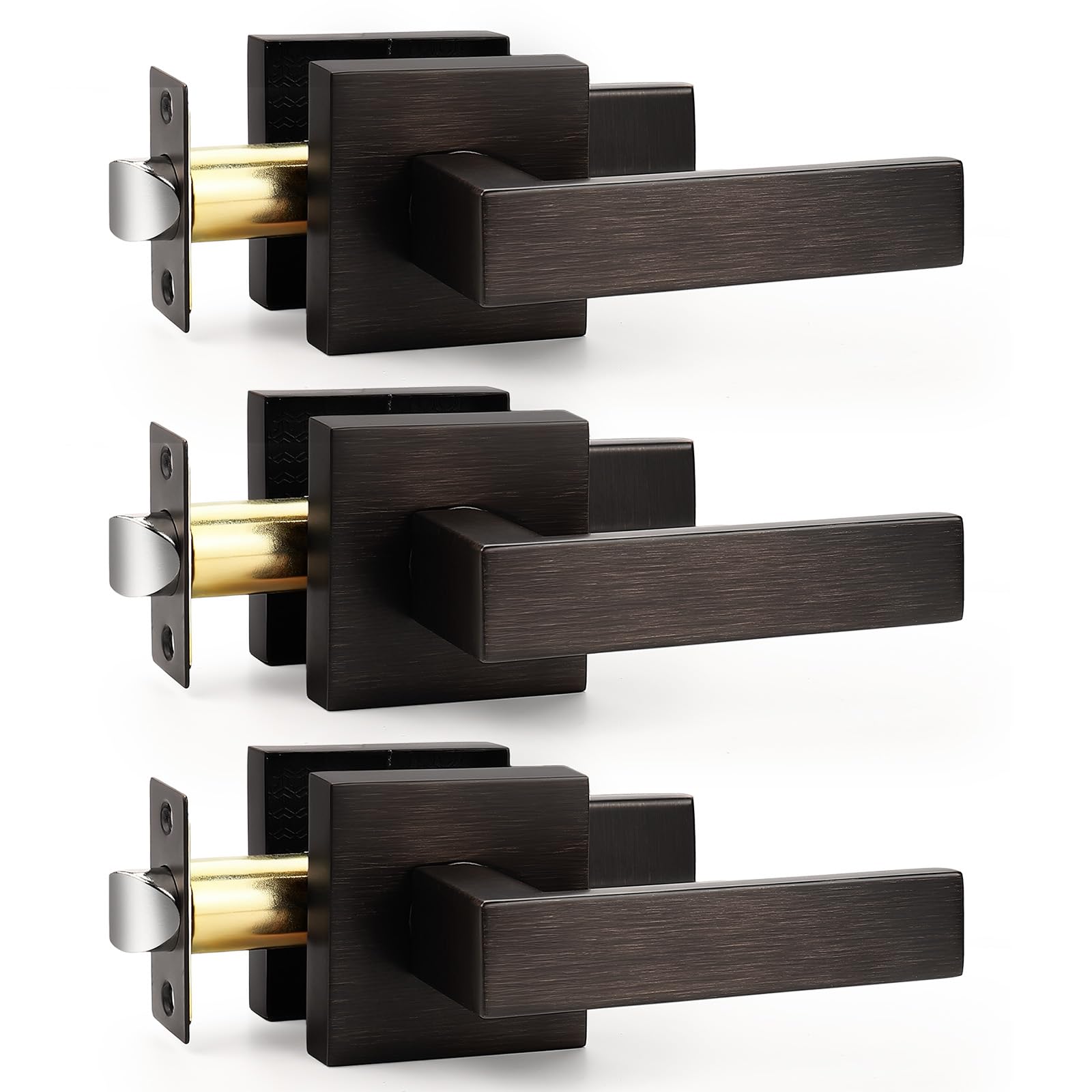 Probrico - Set Di 3 Leve Quadrate Per Porta Di Passaggio In Bronzo Lucidato A Olio, Senza Chiave, Non Bloccabili, Per Corridoio/Guardaroba, Reversibili Per Porte A Destra E A Sinistra, Resistenti-image