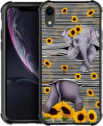 for iPhone XR Case, Cute Little Elephant Sunflower White Line Art Pattern Graphic Design Girl Boy Soft Silicone Hard Acrylic Shock Protection for iPhone XR