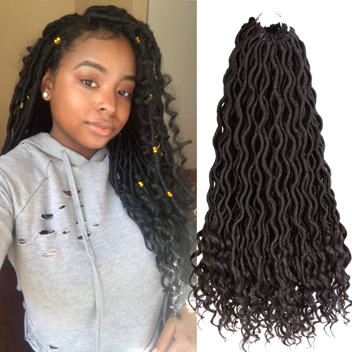 Curly Faux Locs Crochet Hair Deep Wave Braiding Hair With Curly Ends Crochet Goddess Locs Synthetic Braids Hair Extensions (18 Inch (Pack of 3), 1B#)
