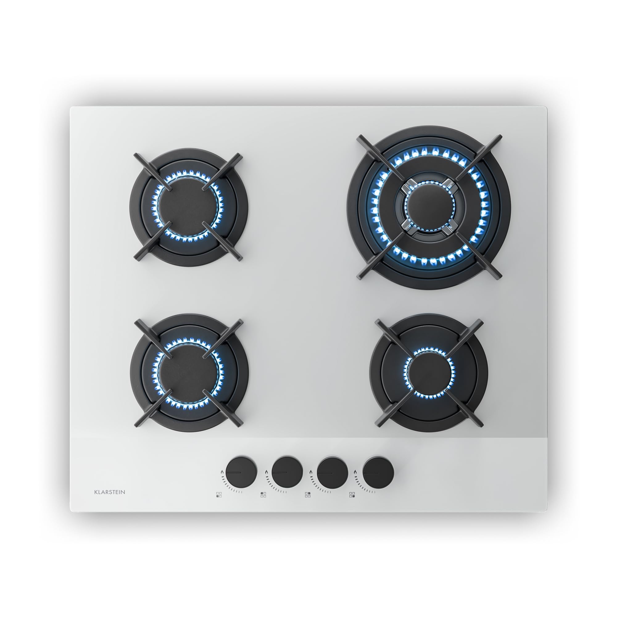 Klarstein Velaire Piano Cottura Gas 60cm - 4 Fuochi, 8000W, Vetro, GPL & Metano, Accensione Elettrica, Sicurezza Fiamma, Kit Conversione & Regolatore, Fornello Cucina, Bianco